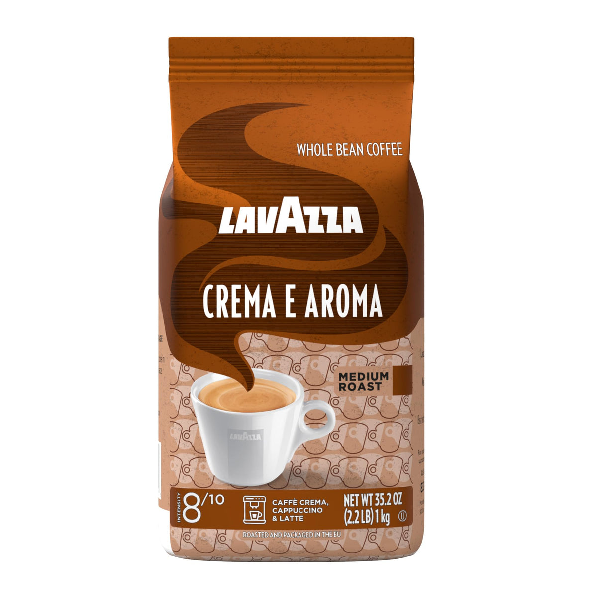 Lavazza Crema e Aroma frente del empaque mostrando tamaño y marca, ideal para espresso