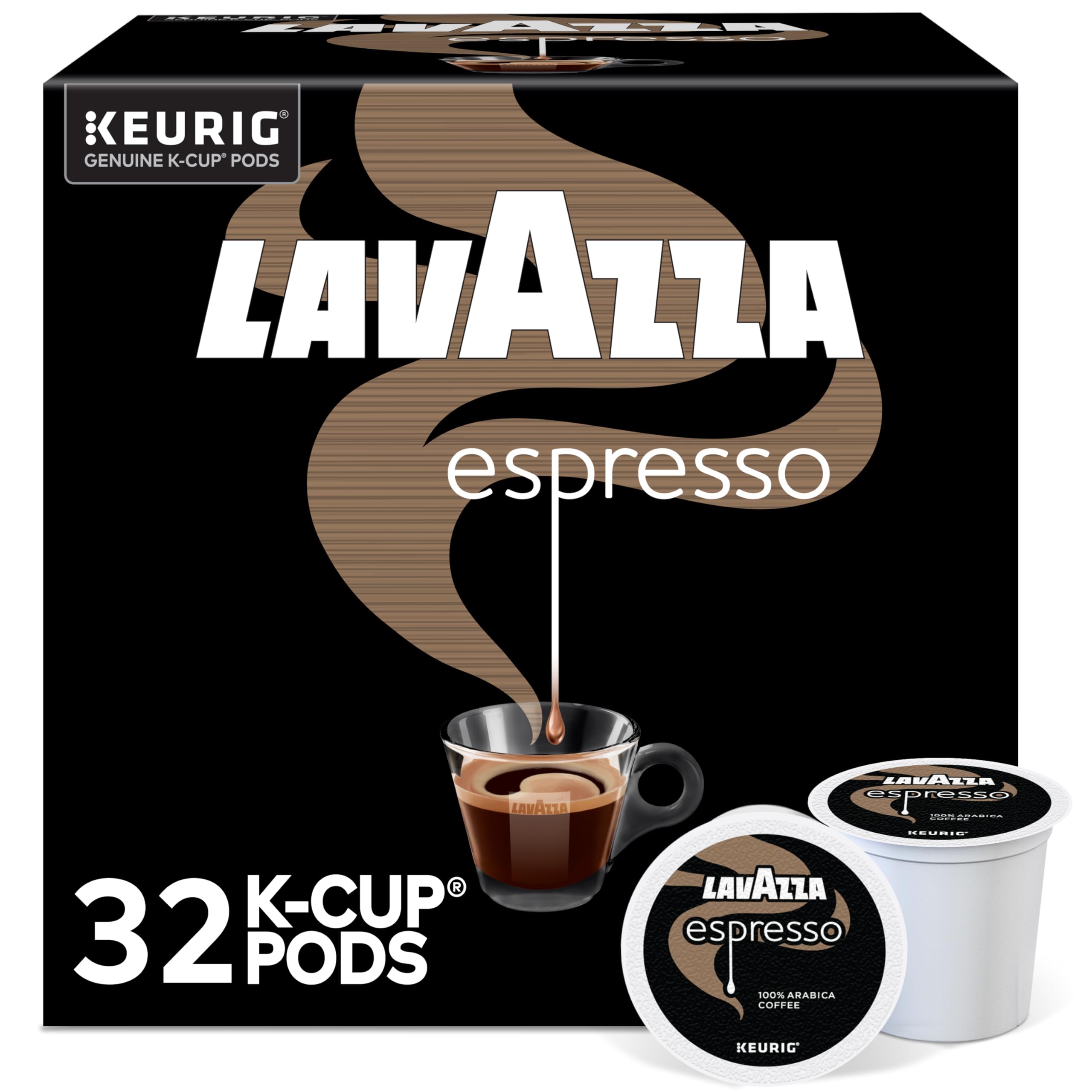 Lavazza pack frontal mostrando 32 cápsulas K-Cup y conveniencia de uso