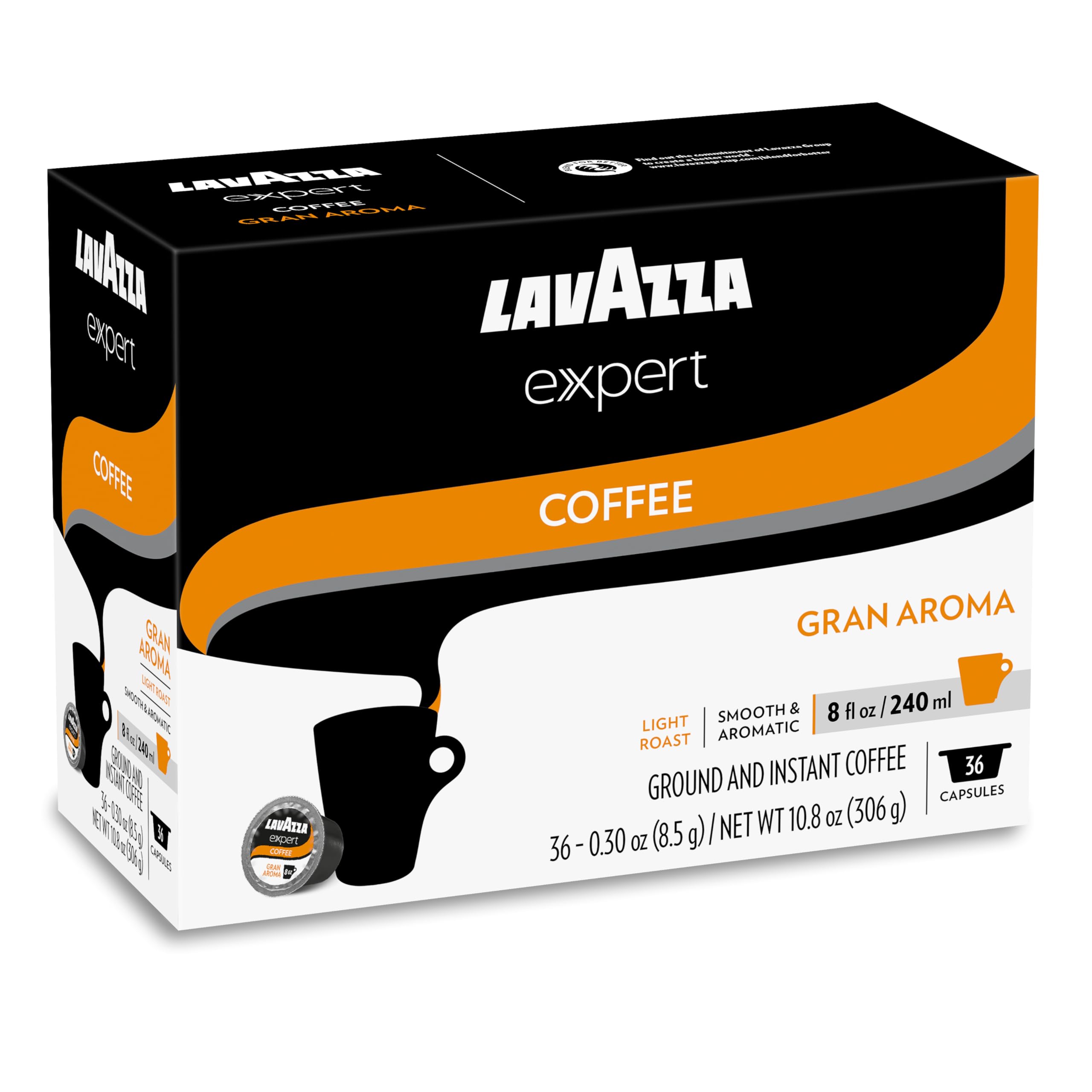 Lavazza Expert cápsula junto a regla para comparar tamaño y porción individual
