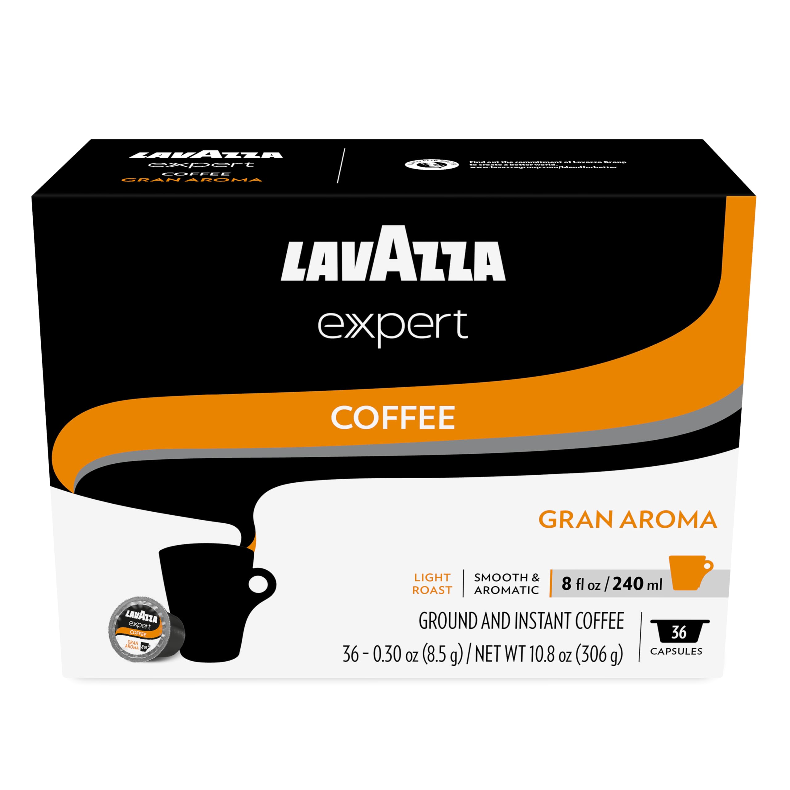 Lavazza Expert frontal del paquete mostrando 36 cápsulas y marca, conveniencia inmediata