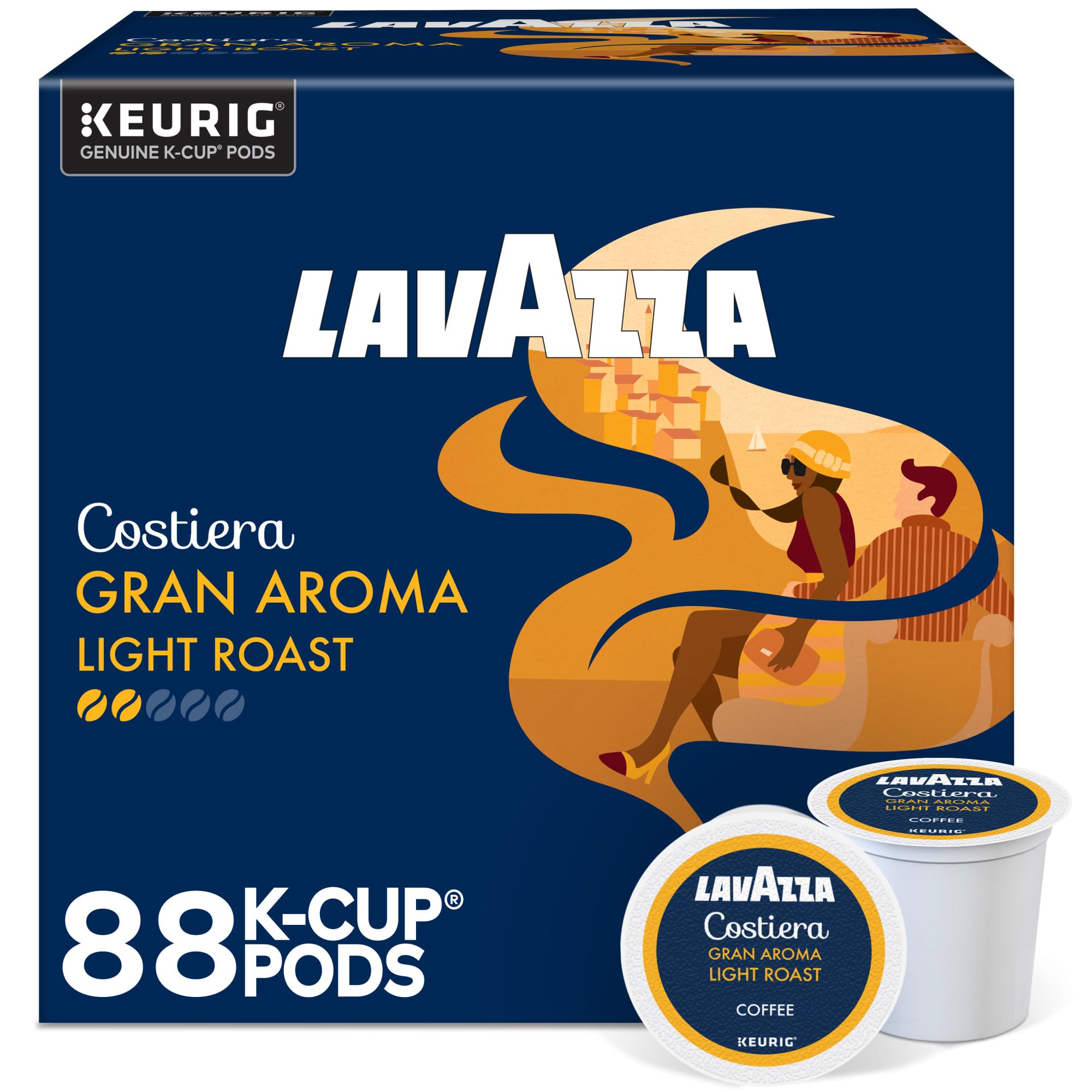 Lavazza caja frontal de cápsulas K-Cup mostrando diseño y beneficio práctico