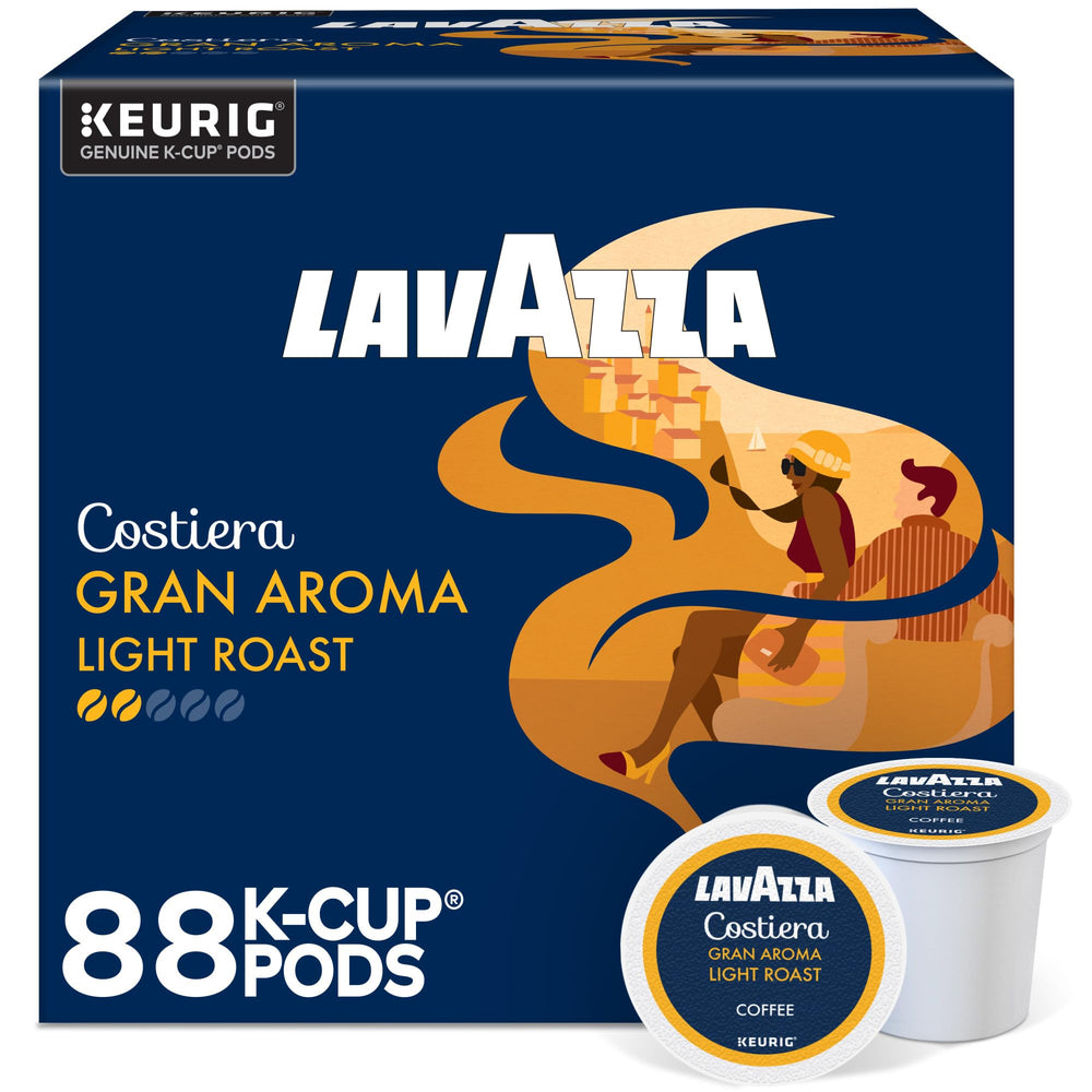 Lavazza caja frontal de cápsulas K-Cup mostrando diseño y beneficio práctico