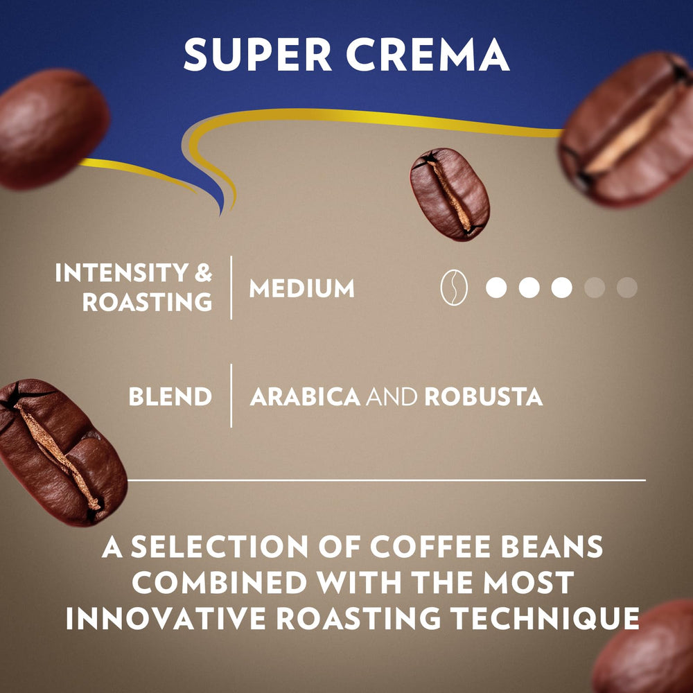 Lavazza Super Crema granos en mano indicando calidad y origen mixto
