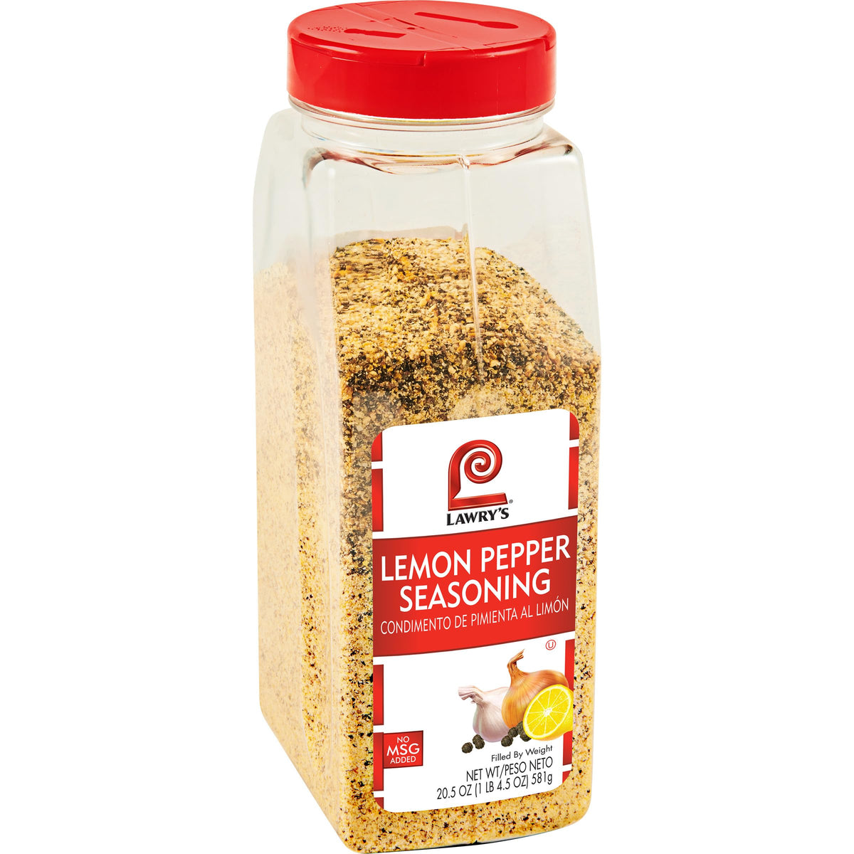 Lawry's envase frontál que muestra tamaño y diseño útil