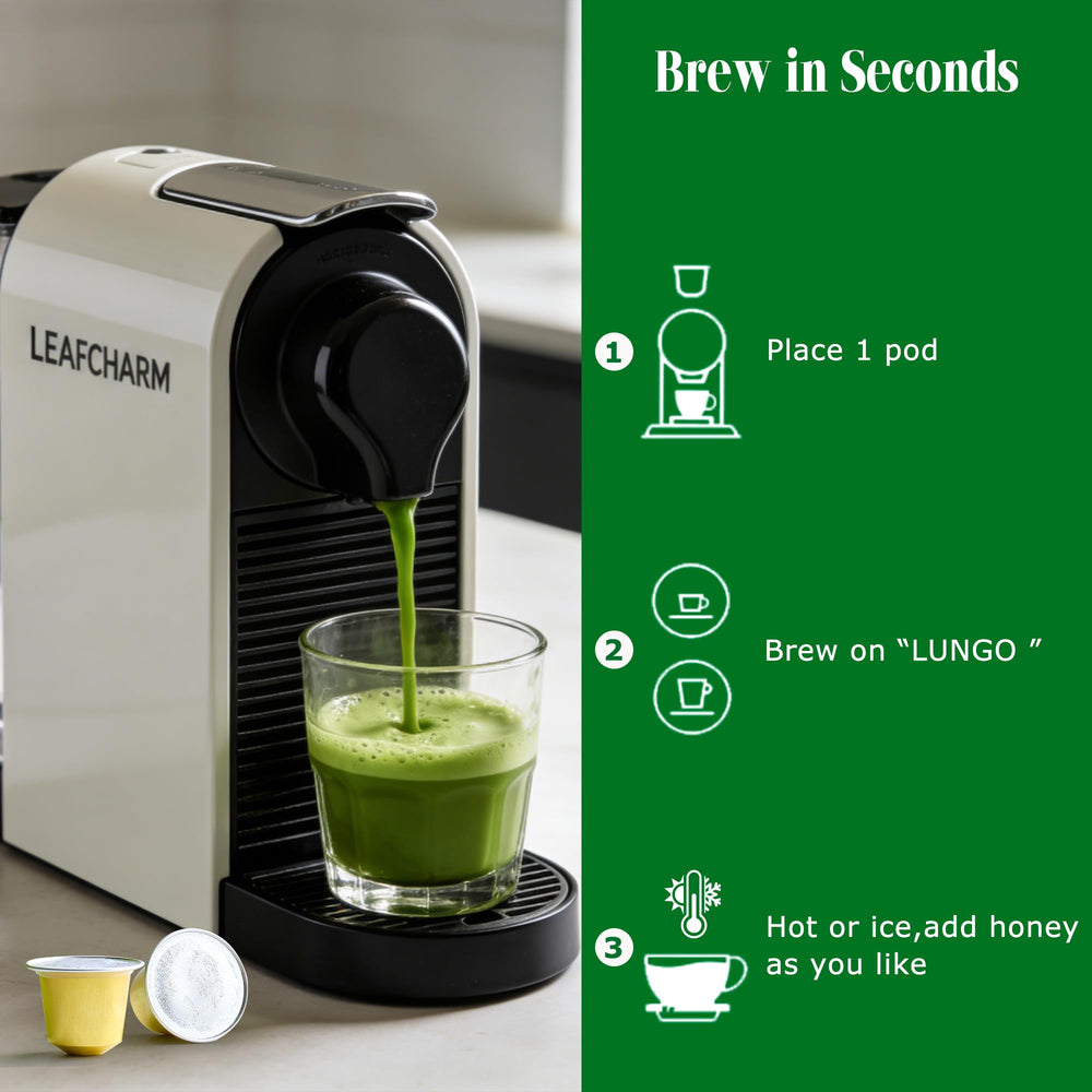 LeafCharm cápsula insertada en máquina Nespresso Original Line, preparación rápida