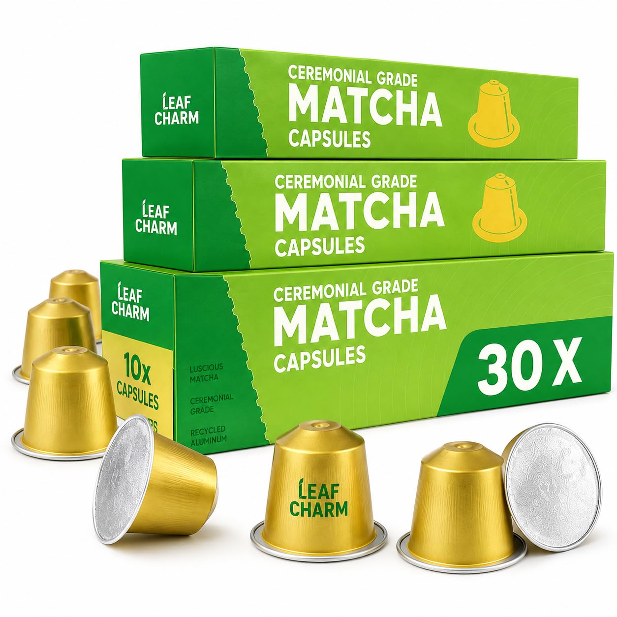 LeafCharm embalaje frontal mostrando caja de 30 cápsulas y conveniencia