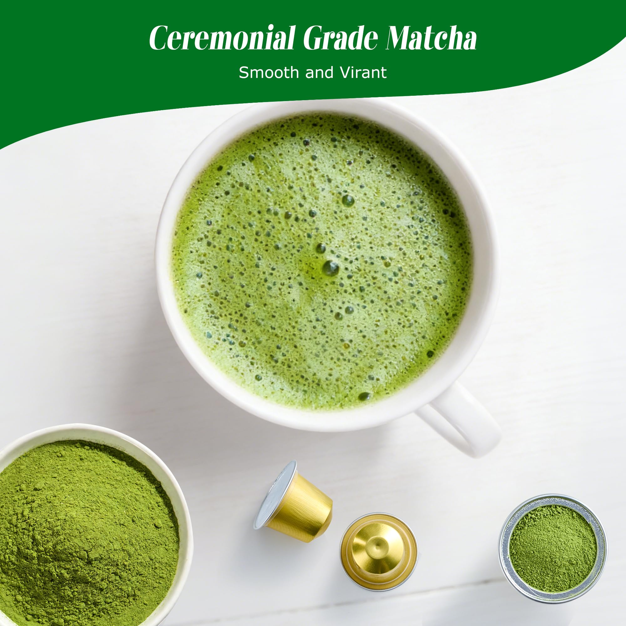 LeafCharm textura del matcha dentro de cápsula resaltando color intenso