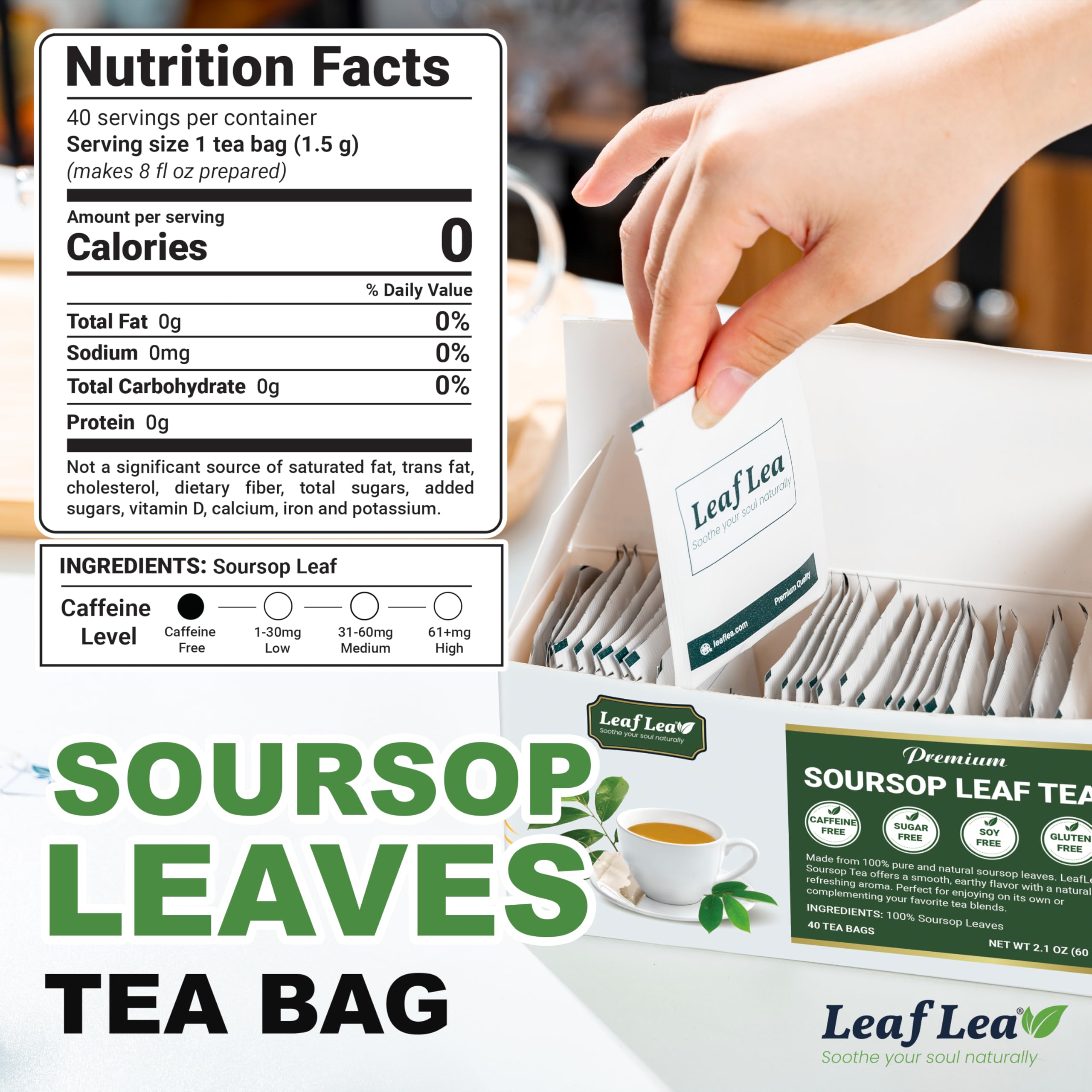 LeafLea bolsita de té primer plano con filtro doble que garantiza extracción