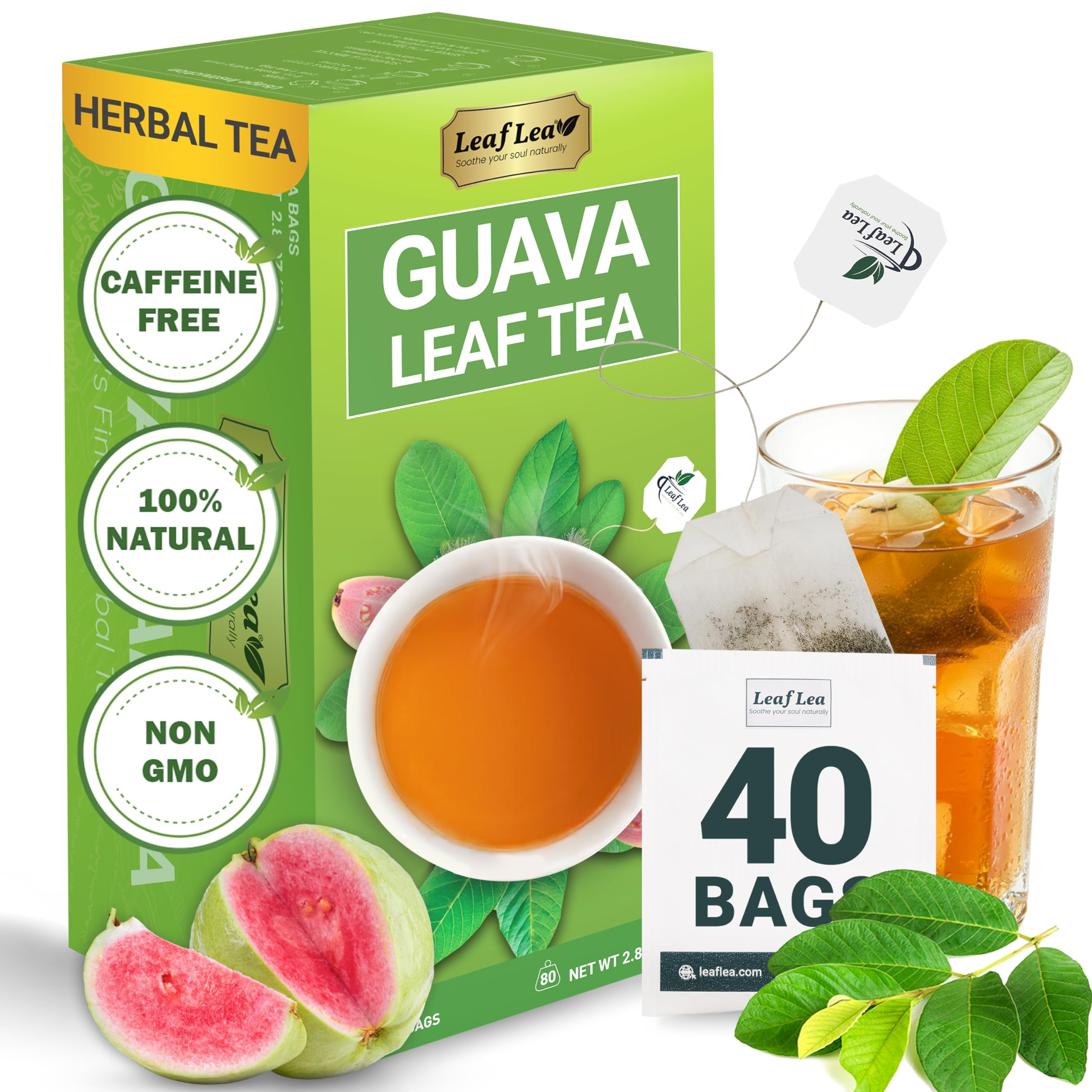 LeafLea caja frontal mostrando 40 bolsitas, fácil almacenamiento