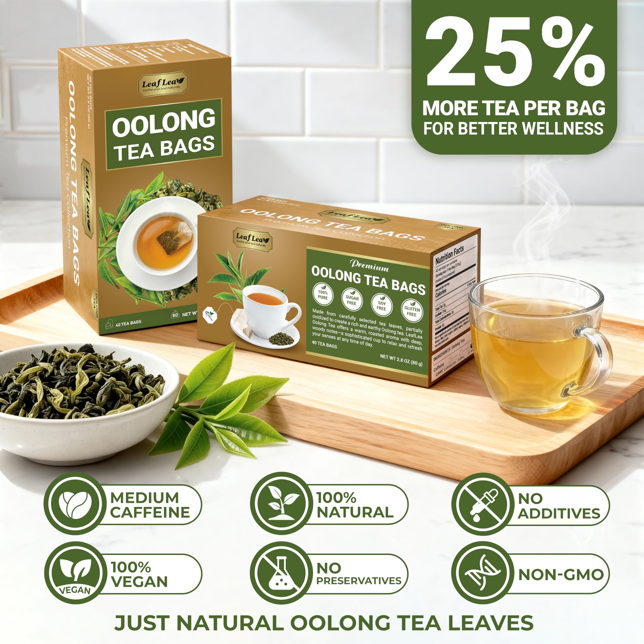 LeafLea comparación de tamaño junto a taza para referencia de porción