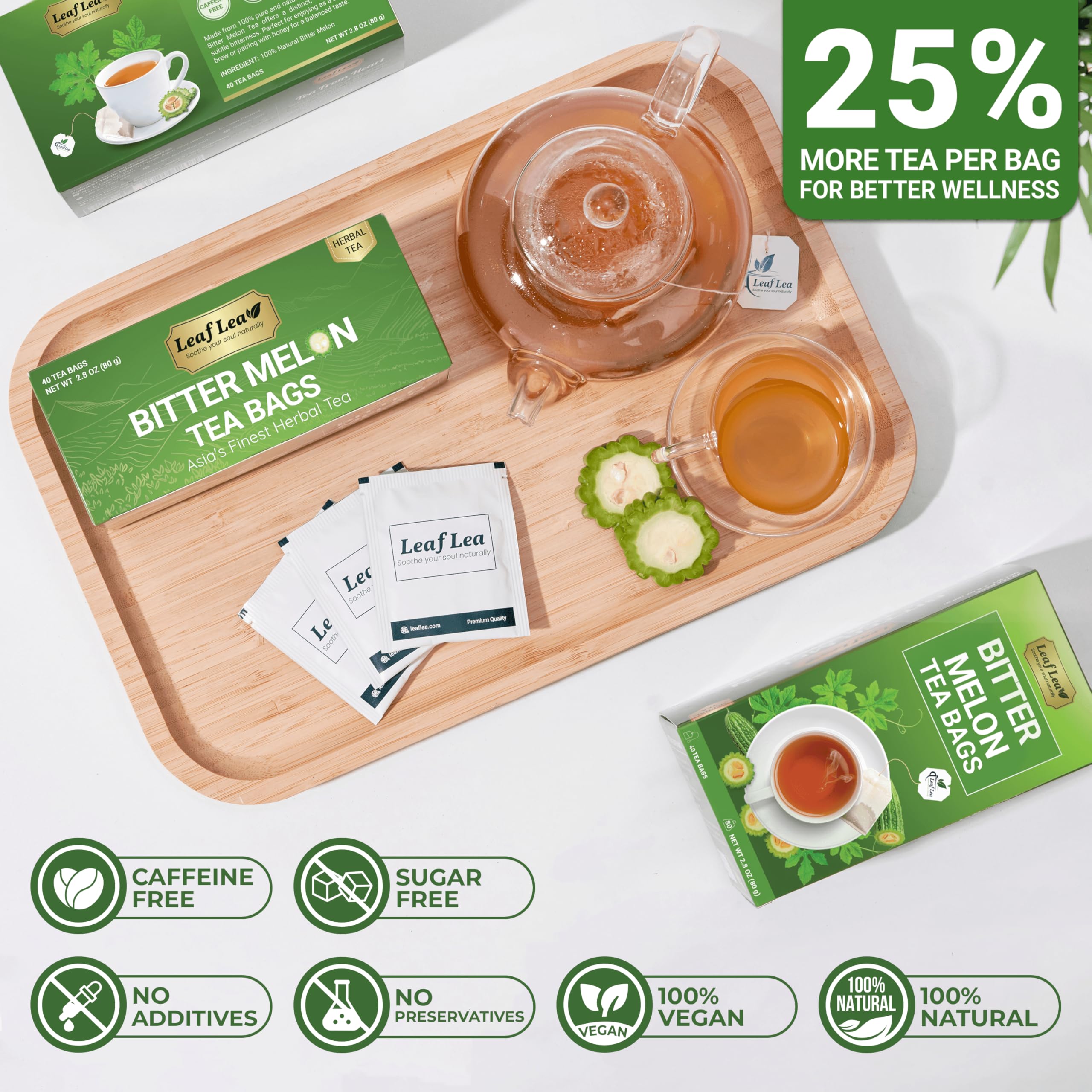 LeafLea bolsita junto a una taza para comparar tamaño real