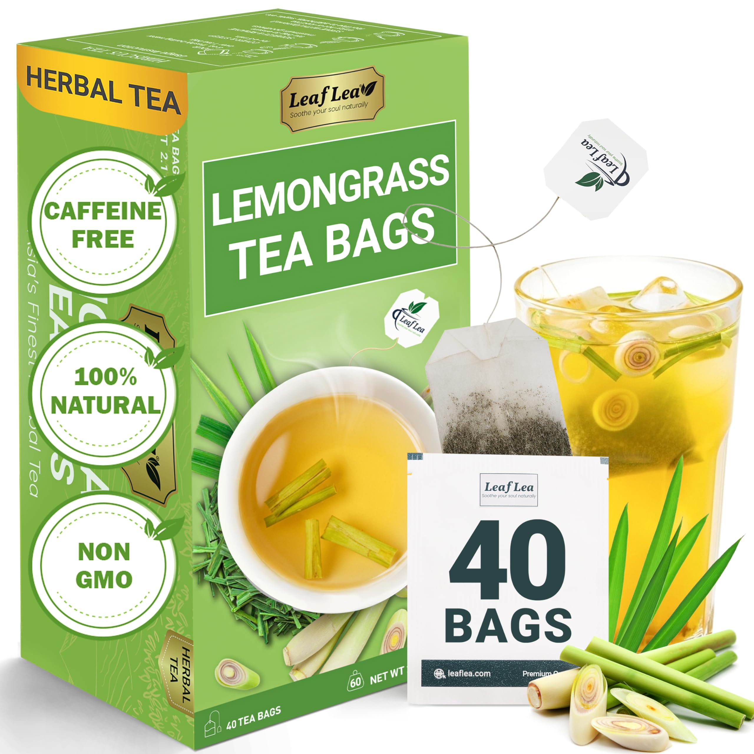 LeafLea caja frontal mostrando 40 bolsitas y frescura