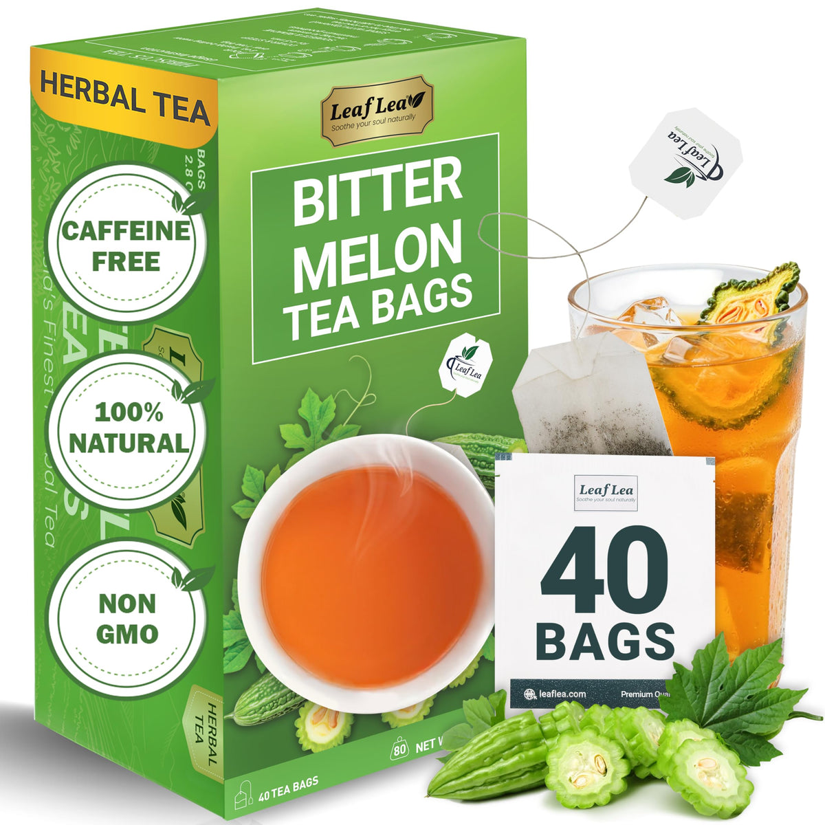 LeafLea caja frontal mostrando 40 bolsitas y beneficios de frescura
