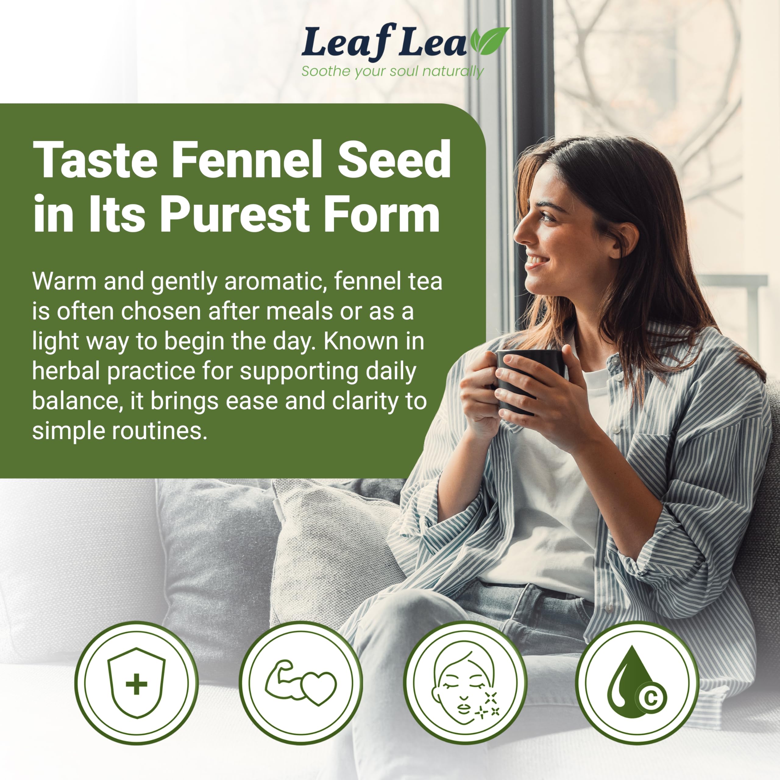 LeafLea bolsita en taza caliente liberando aroma cálido y sabor suave