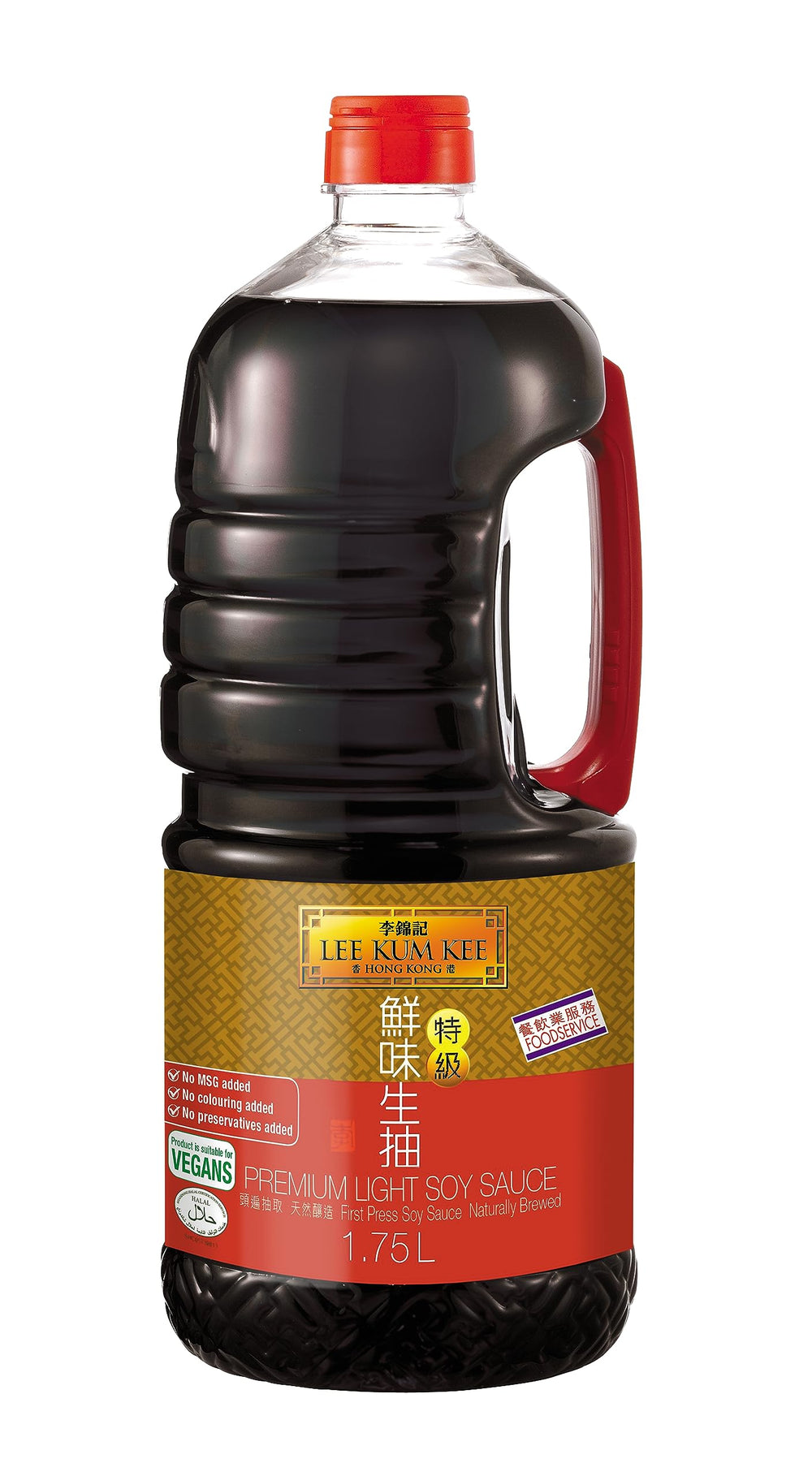 Lee Kum Kee botella frontal mostrando etiqueta premium y tamaño 59 oz, aporta confiabilidad