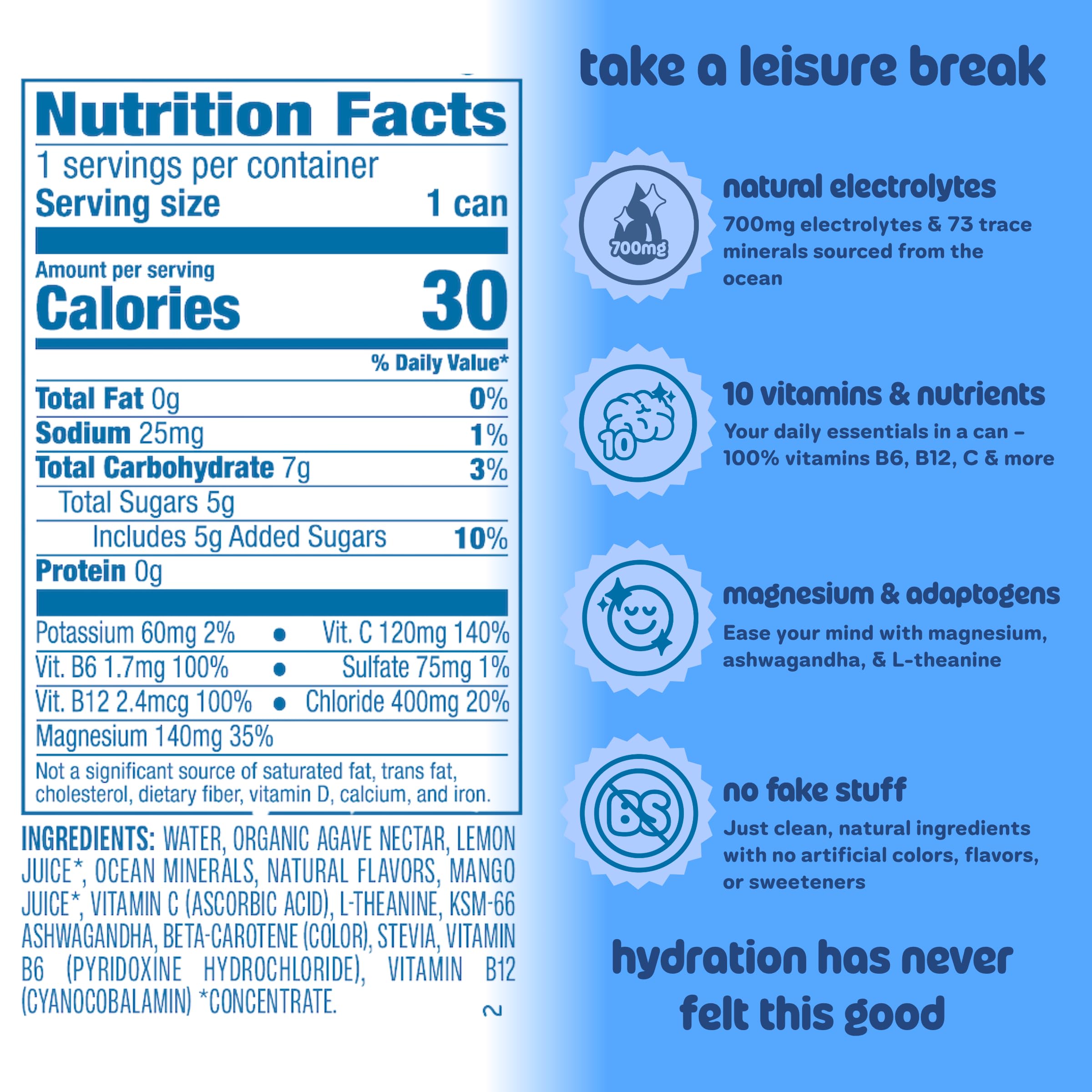 Detalle de etiqueta Leisure con lista de ingredientes y adaptógenos visibles