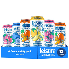Leisure lata frontal mostrando el diseño y la promesa de 700 mg electrolitos
