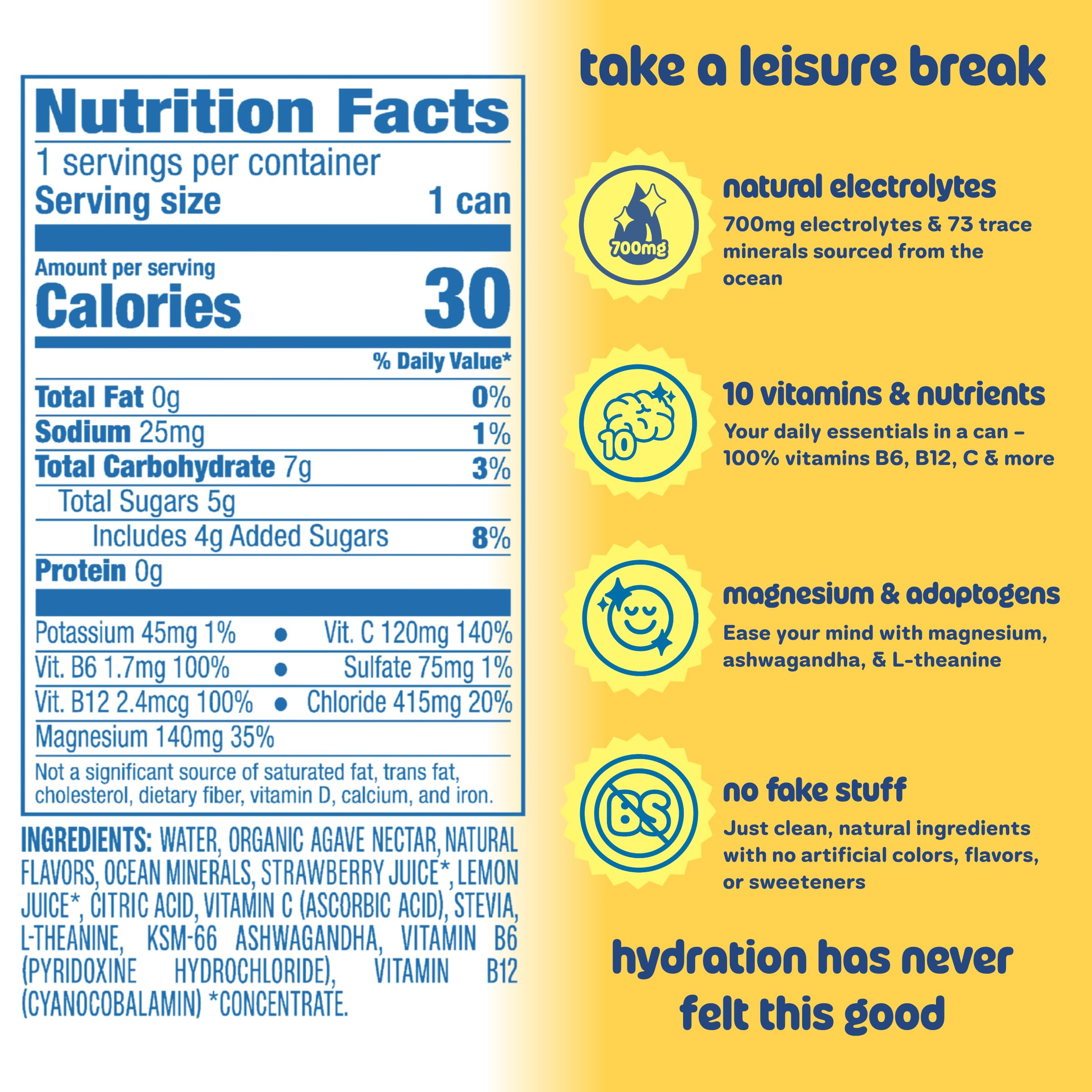 Leisure lata Wild Blueberry con ingredientes naturales a su lado que refuerzan pureza