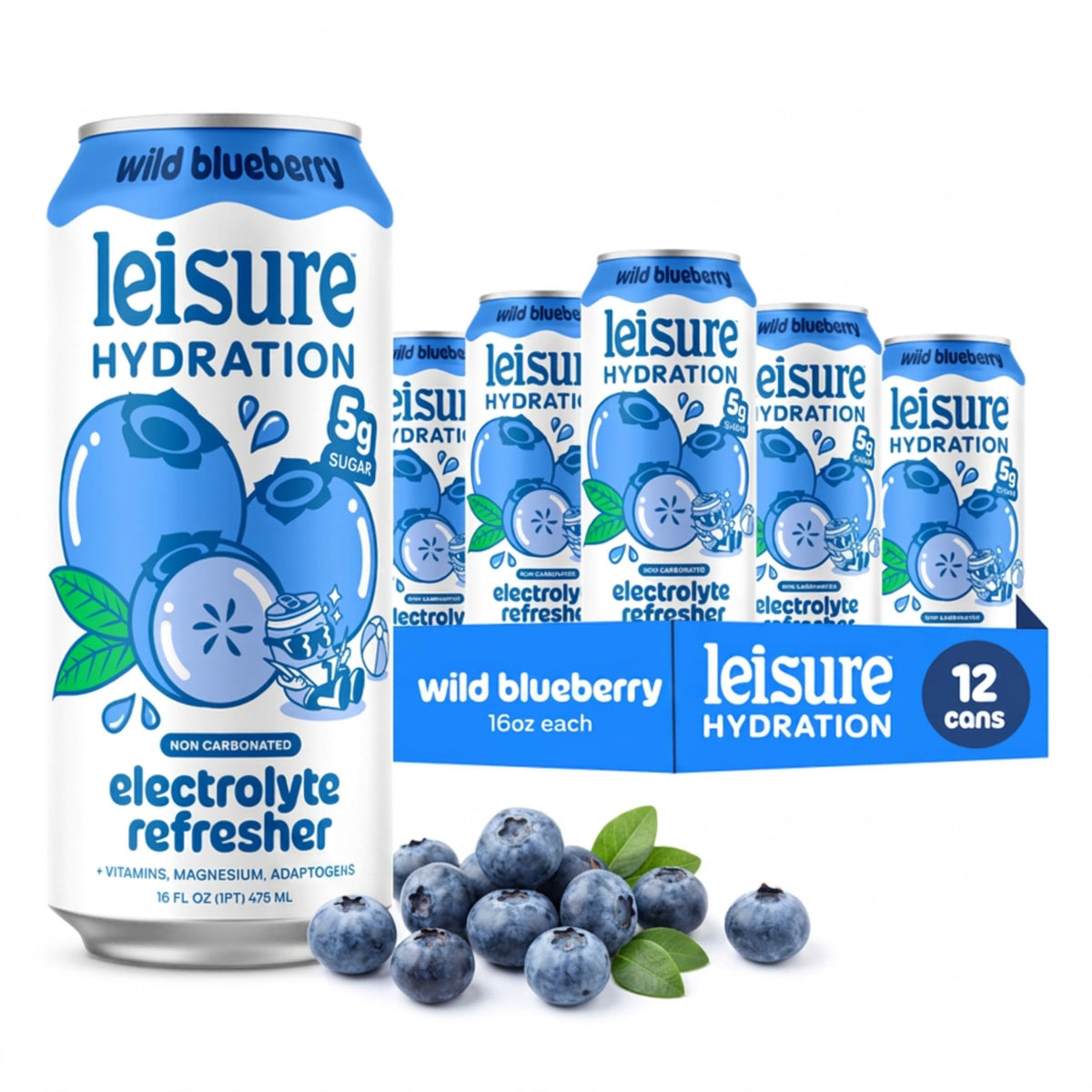 Lata Leisure Wild Blueberry frontal mostrando etiqueta y presentación en 16 oz