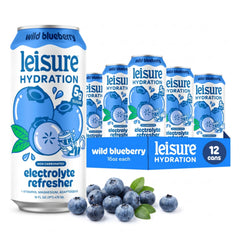 Lata Leisure Wild Blueberry frontal mostrando etiqueta y presentación en 16 oz