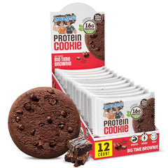Lenny & Larry's frente del paquete Big Time Brownie mostrando marca y sabor