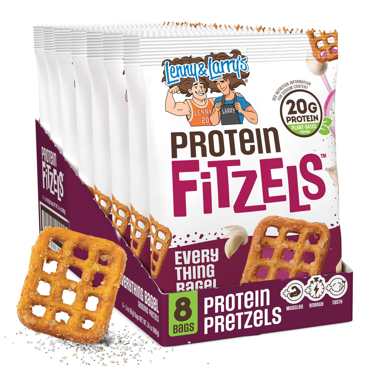Lenny & Larry's empaque frontal mostrando 20 g proteína por bolsa y diseño atractivo