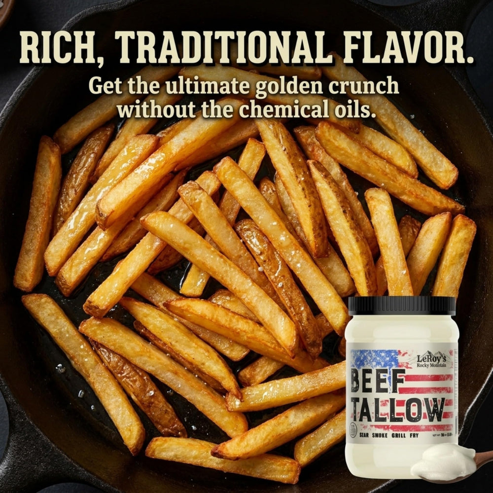 LeRoy's Rocky Mountain detalle de etiqueta, informa origen 100% pure beef tallow
