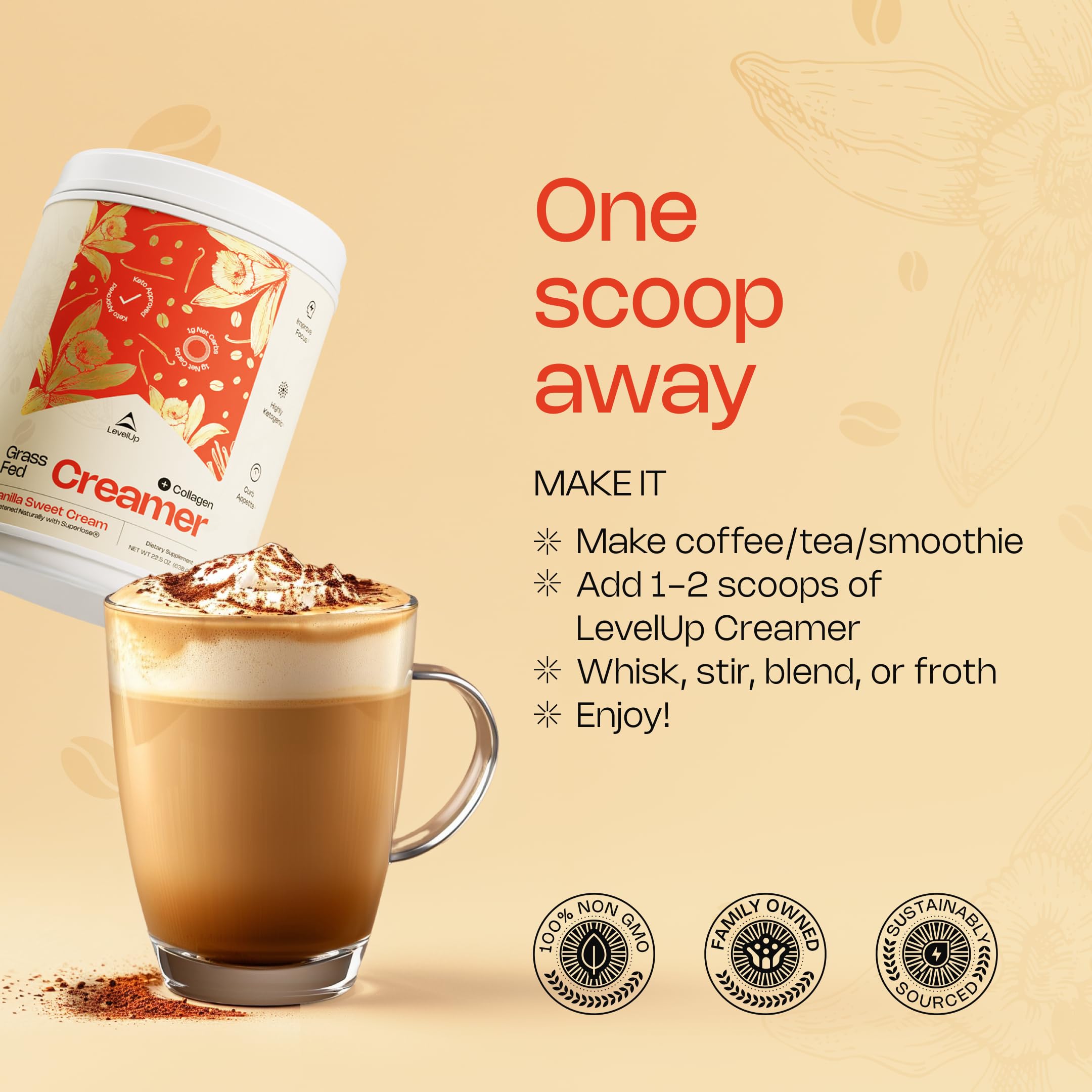 LevelUp envase 22.5 oz comparado con taza para referencia de tamaño