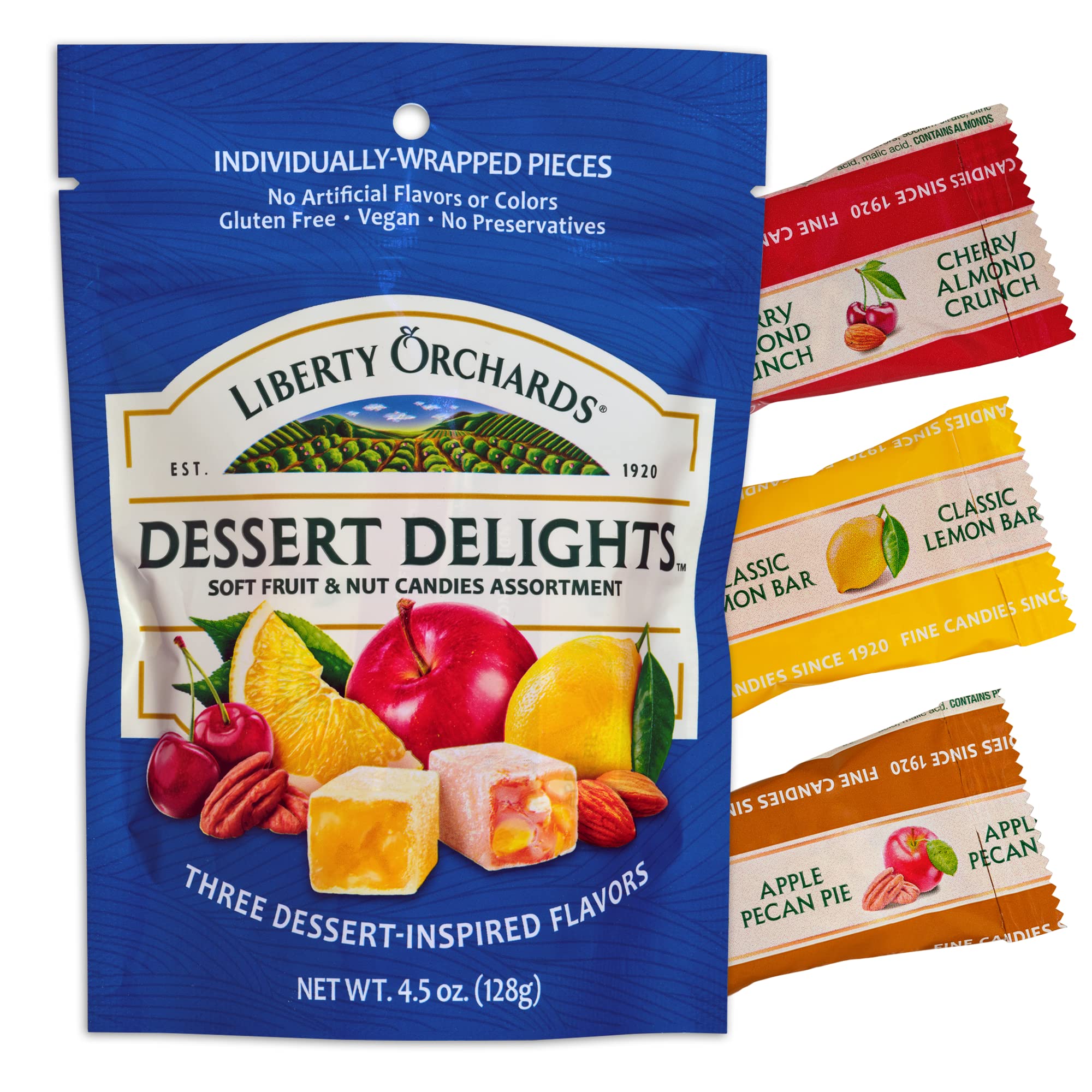 Liberty Orchards bolsa frontal mostrando los sabores y diseño práctico para llevar