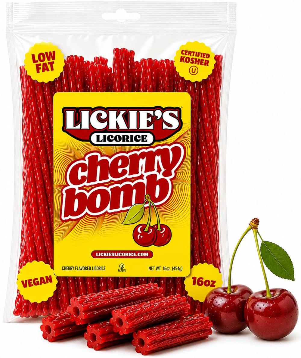 Lickies Licorice bolsa frontal cherry mostrando sabor y frescura