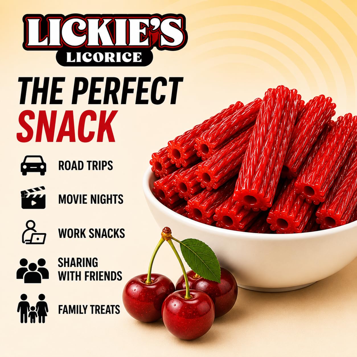 Lickies Licorice porción abierta saliendo de la bolsa para consumo inmediato