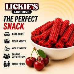 Lickies Licorice porción abierta saliendo de la bolsa para consumo inmediato