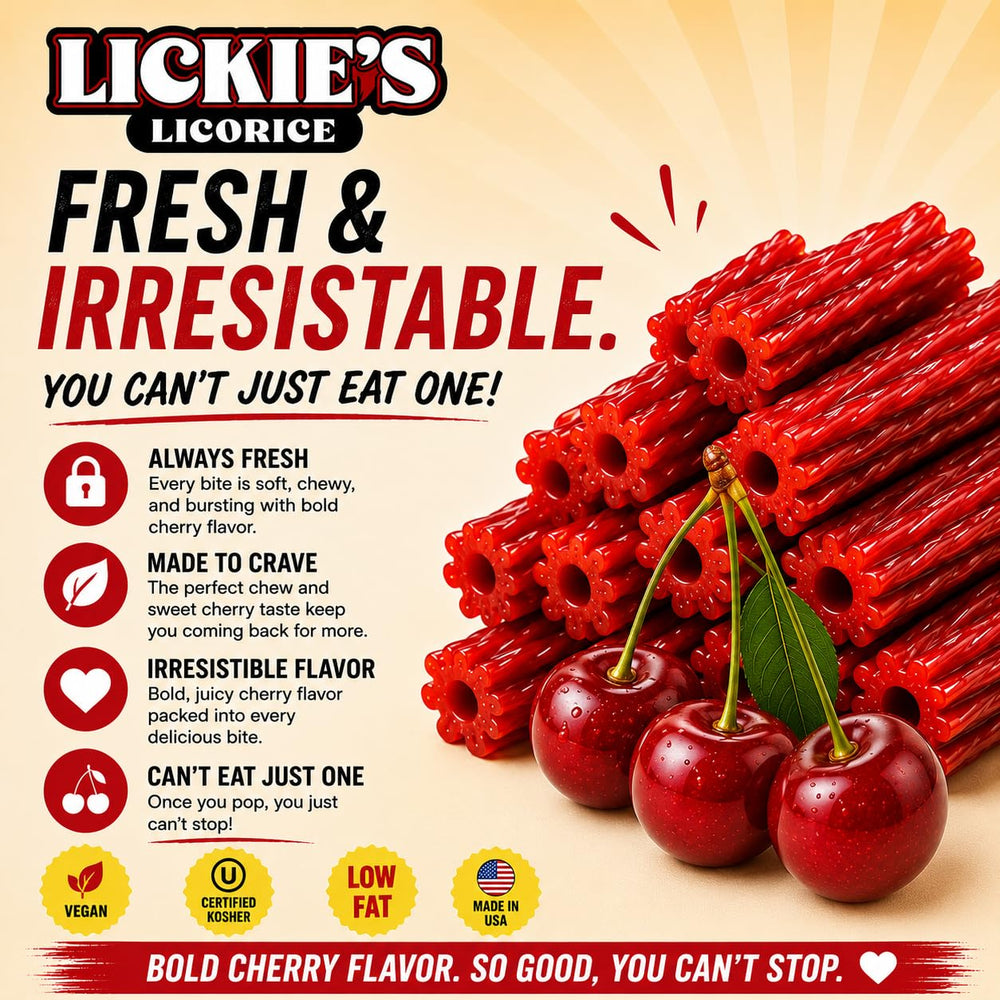 Lickies Licorice comparación de sabores en fila mostrando variedad atractiva