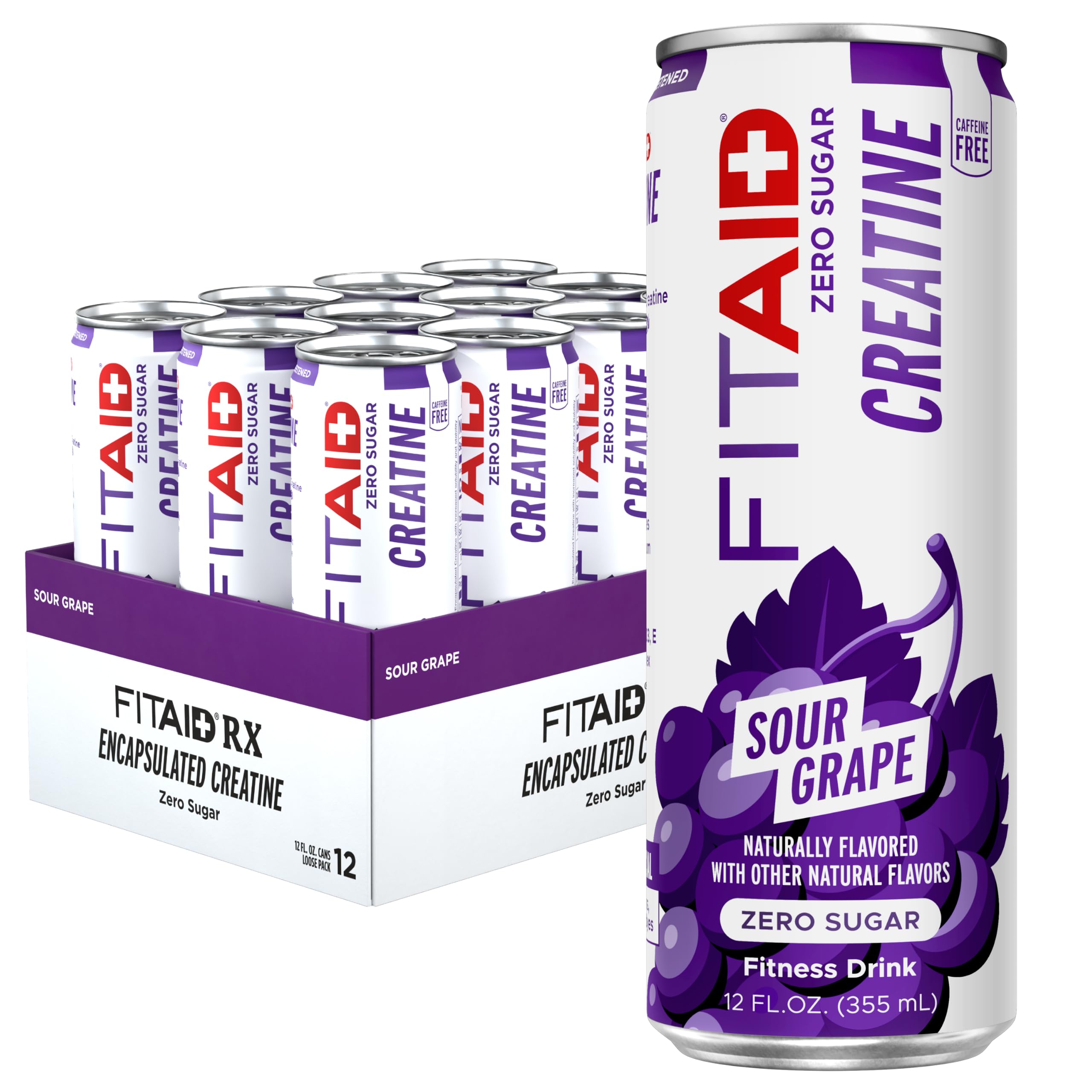 LIFEAID FITAID Creatine lata frente mostrando marca y sabor Sour Grape, refrescante