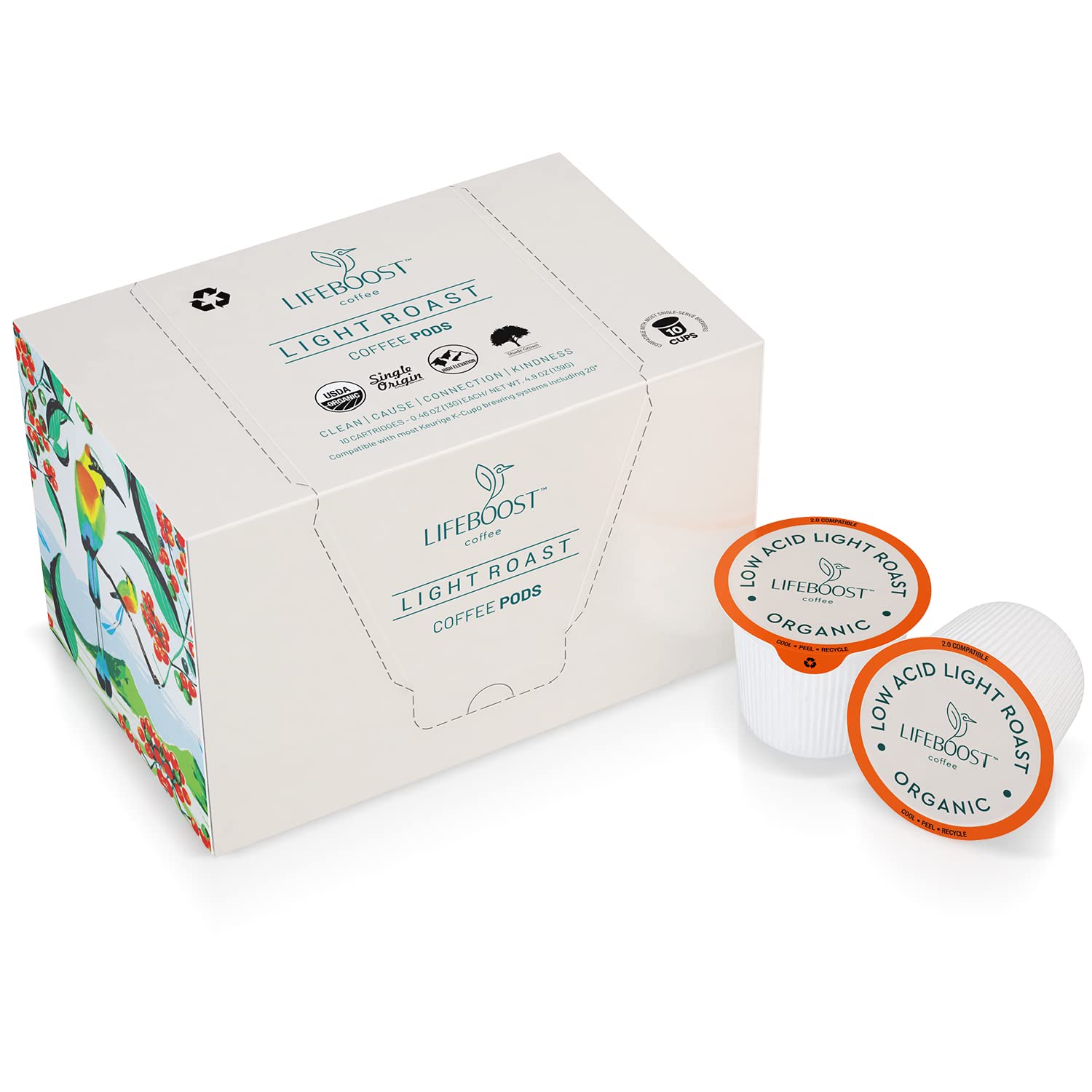 LIFEBOOST caja frontal de K Cups mostrando diseño y conveniencia