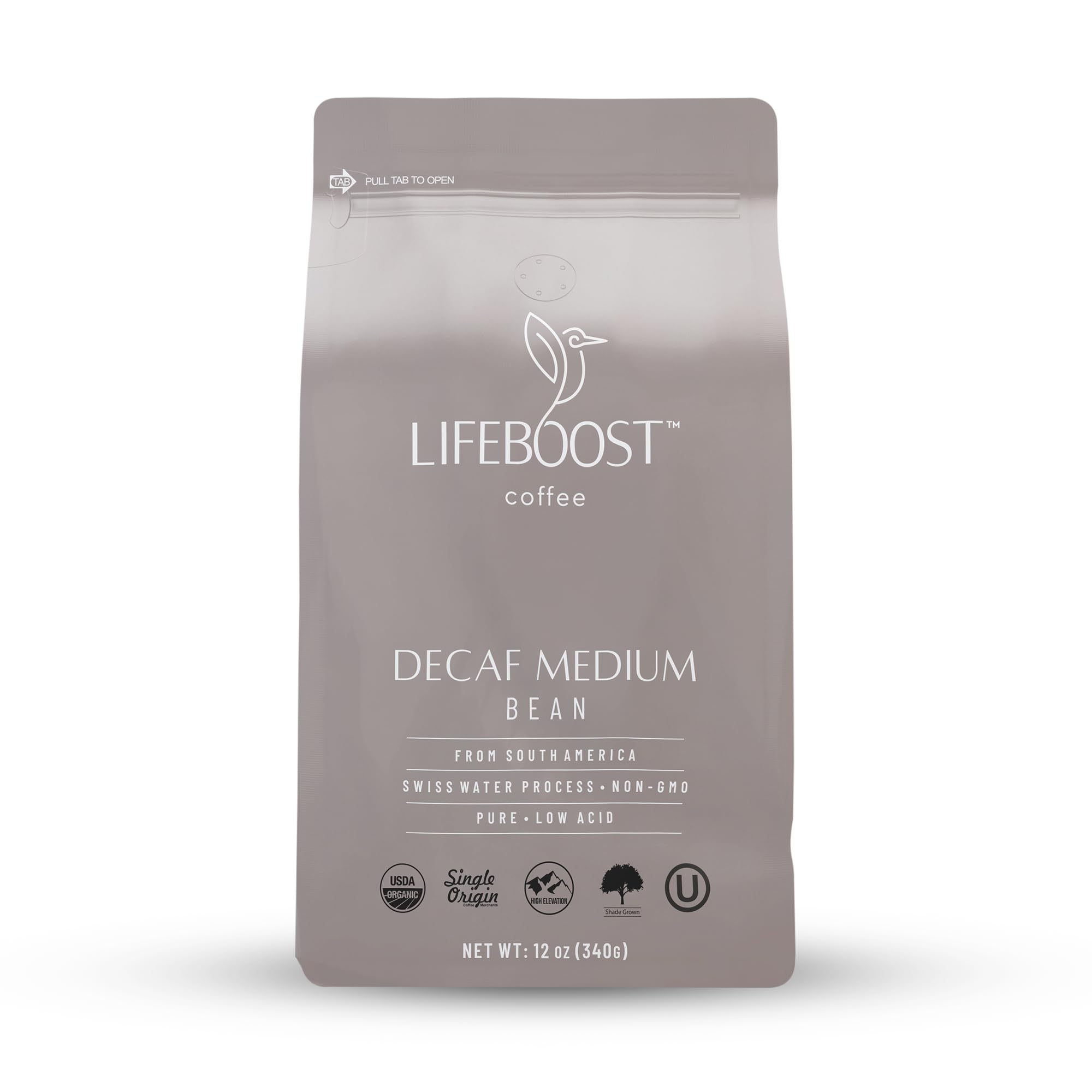 LIFEBOOST frente del empaque 12oz que muestra origen y beneficio de baja acidez