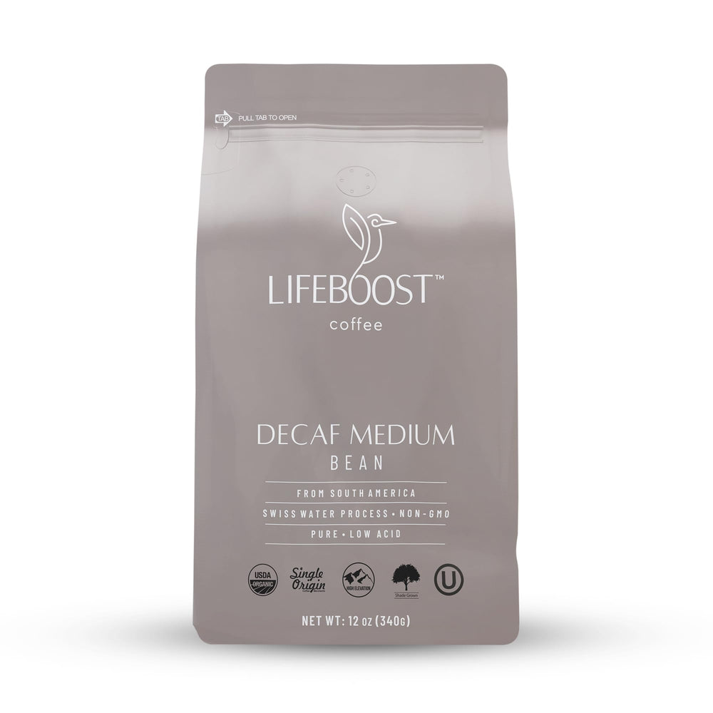 LIFEBOOST frente del empaque 12oz que muestra origen y beneficio de baja acidez