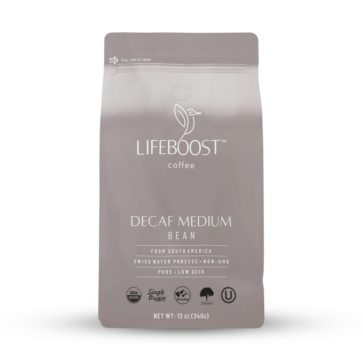 LIFEBOOST frente del empaque 12oz que muestra origen y beneficio de baja acidez