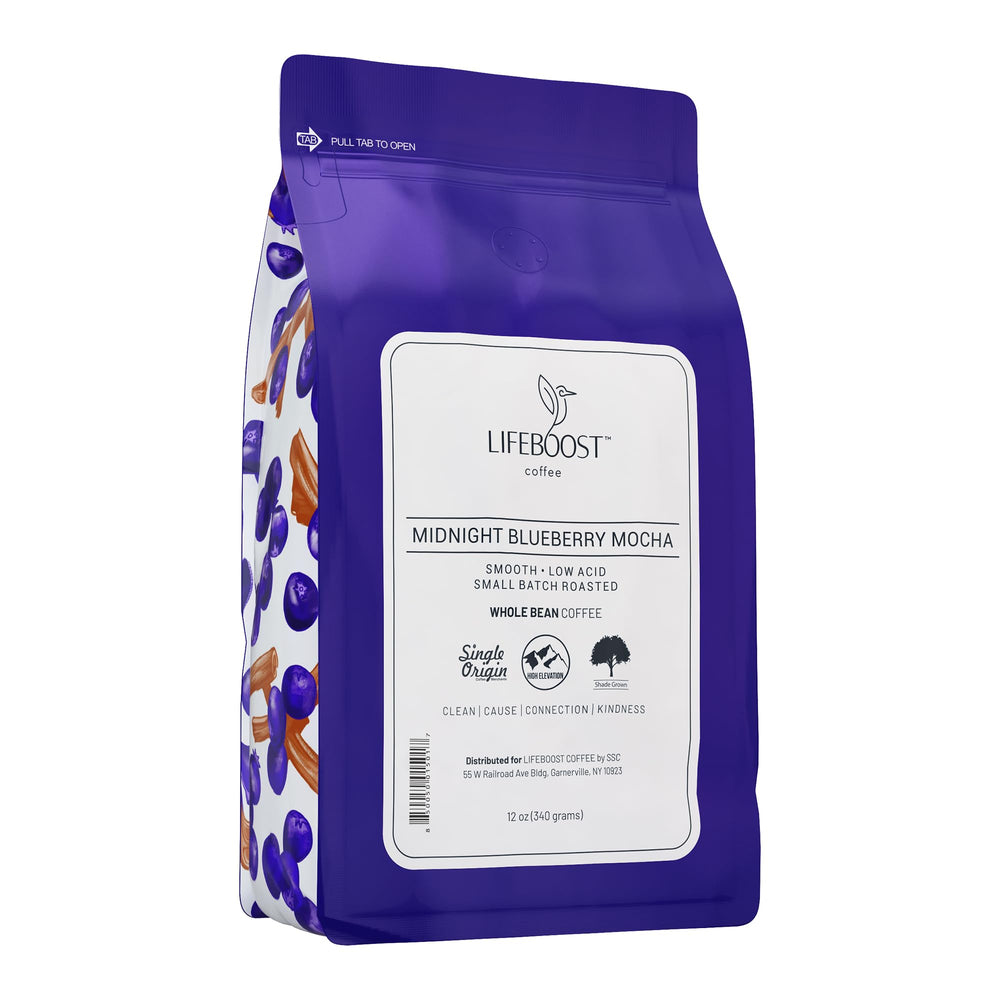 LIFEBOOST empaque frontal mostrando sabor Midnight Blueberry Mocha y 12oz, transmite calidad