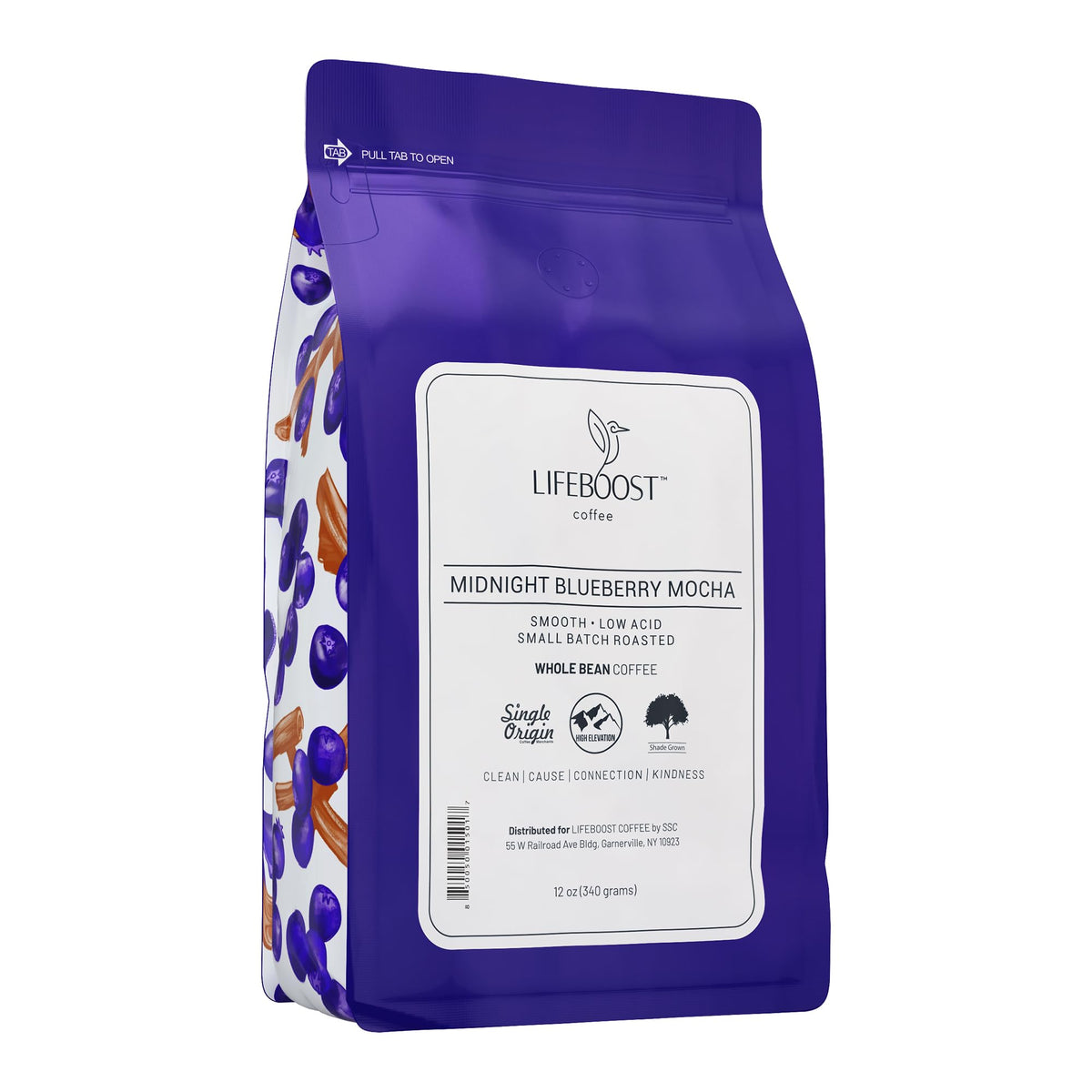 LIFEBOOST empaque frontal mostrando sabor Midnight Blueberry Mocha y 12oz, transmite calidad