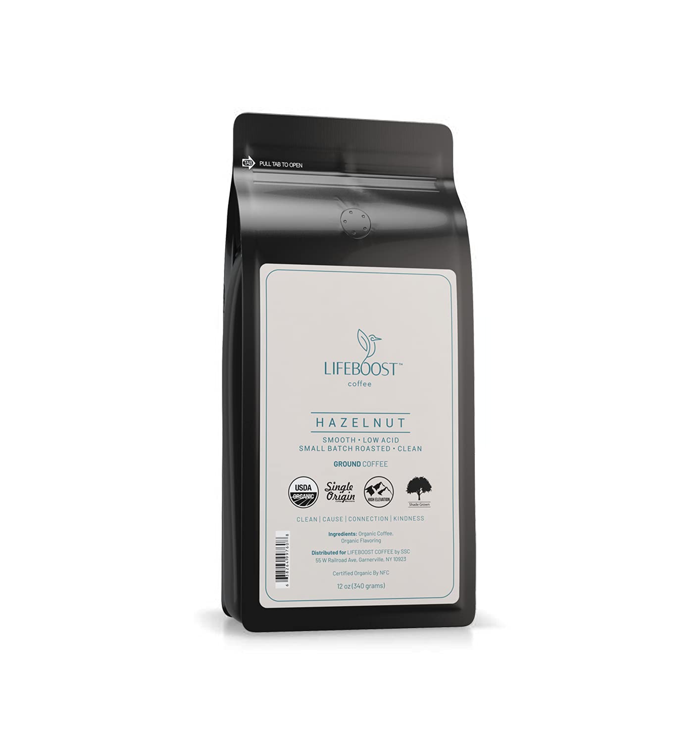 Lifeboost empaque frontal mostrando 12oz y aroma avellana
