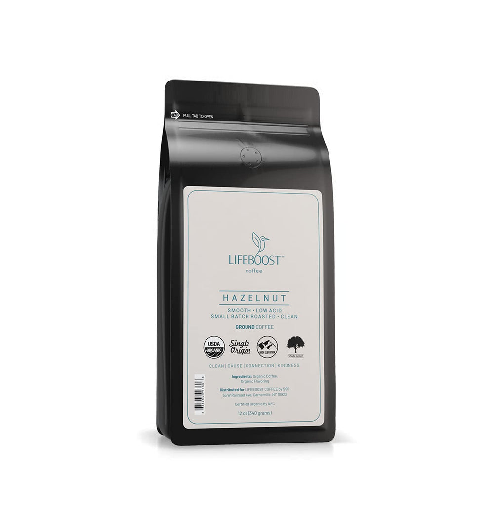 Lifeboost empaque frontal mostrando 12oz y aroma avellana