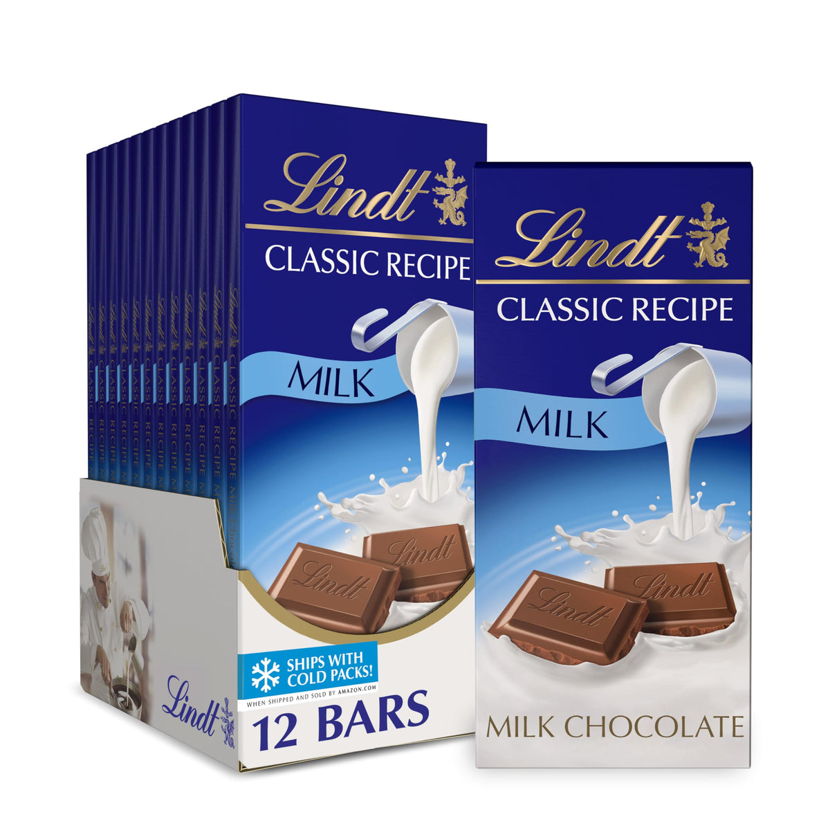 Lindt empaque frontal del pack de 12 barras que muestra la marca y el formato práctico