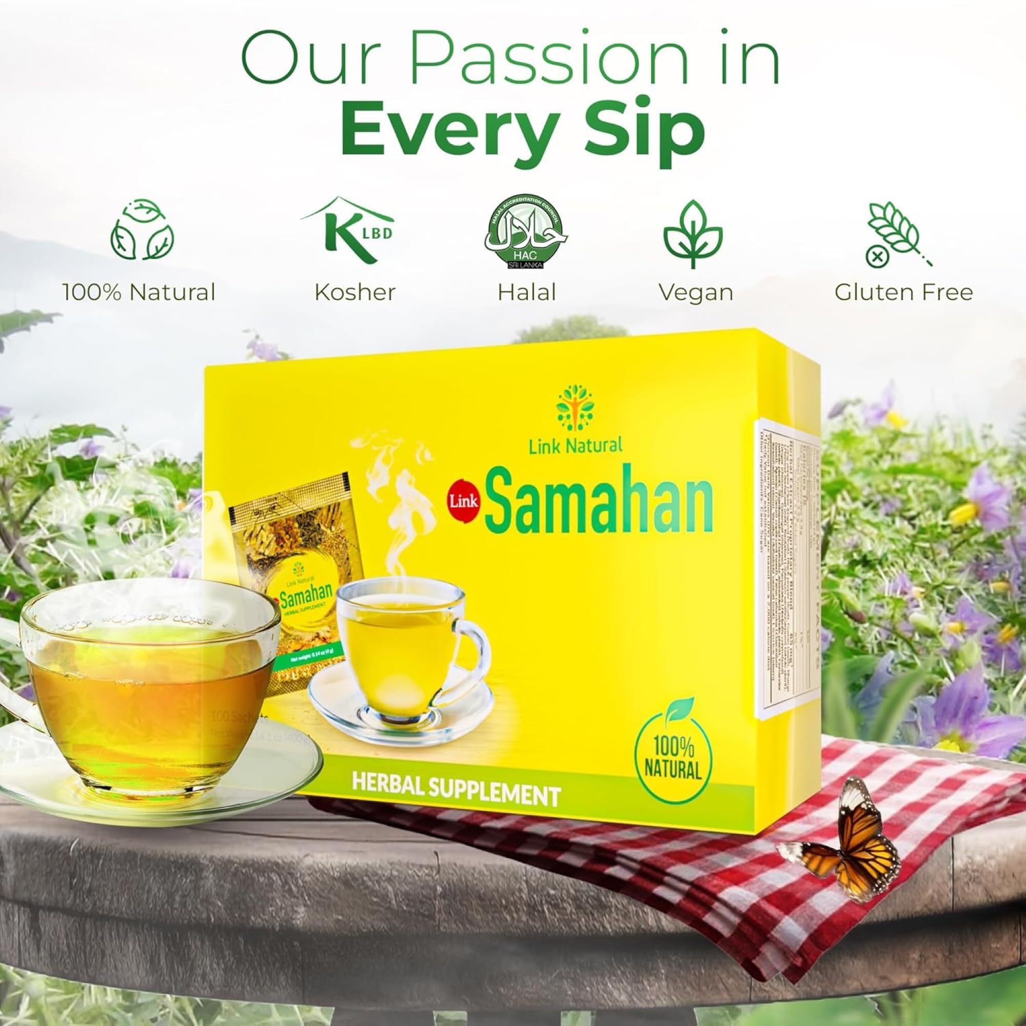 Comparación de tamaño del sobre LINK SAMAHAN junto a una taza para referencia