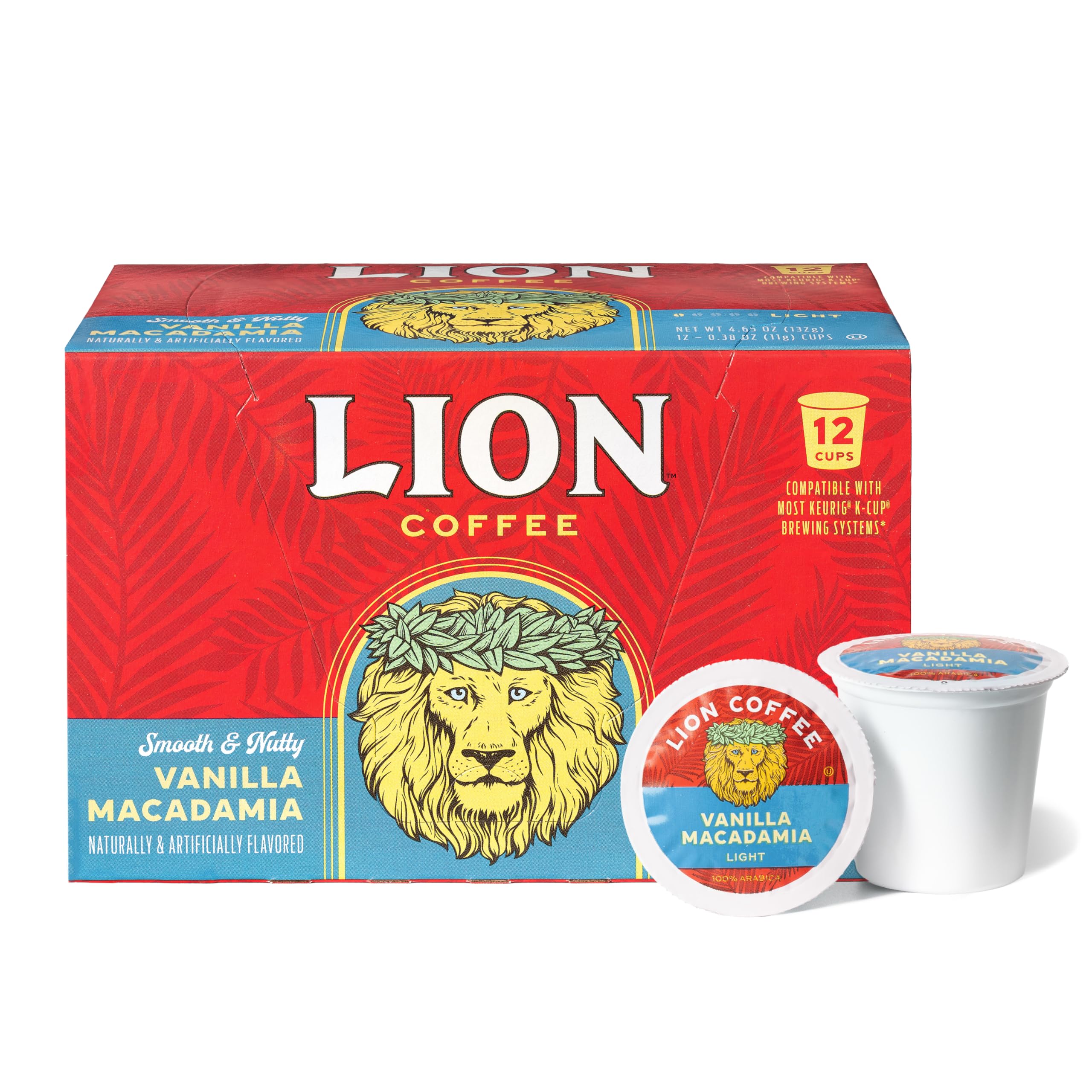 Lion Coffee caja frontal mostrando cápsulas y sabor vainilla macadamia