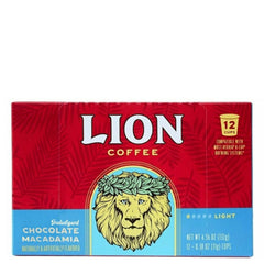 Lion Coffee caja frontal mostrando diseño y sabor hawaiano, conveniencia inmediata