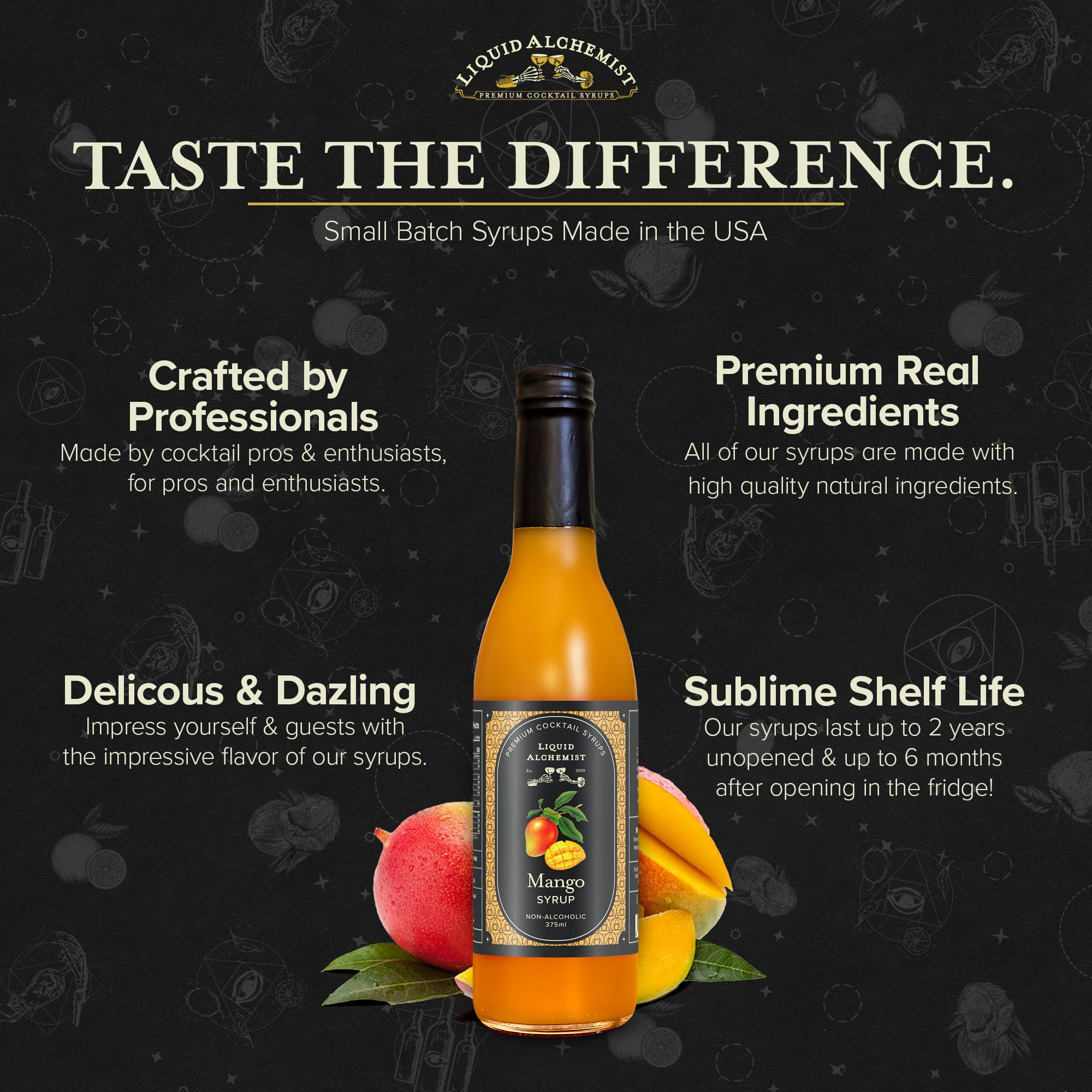 Liquid Alchemist botella junto a objetos cotidianos para comparar escala y porciones