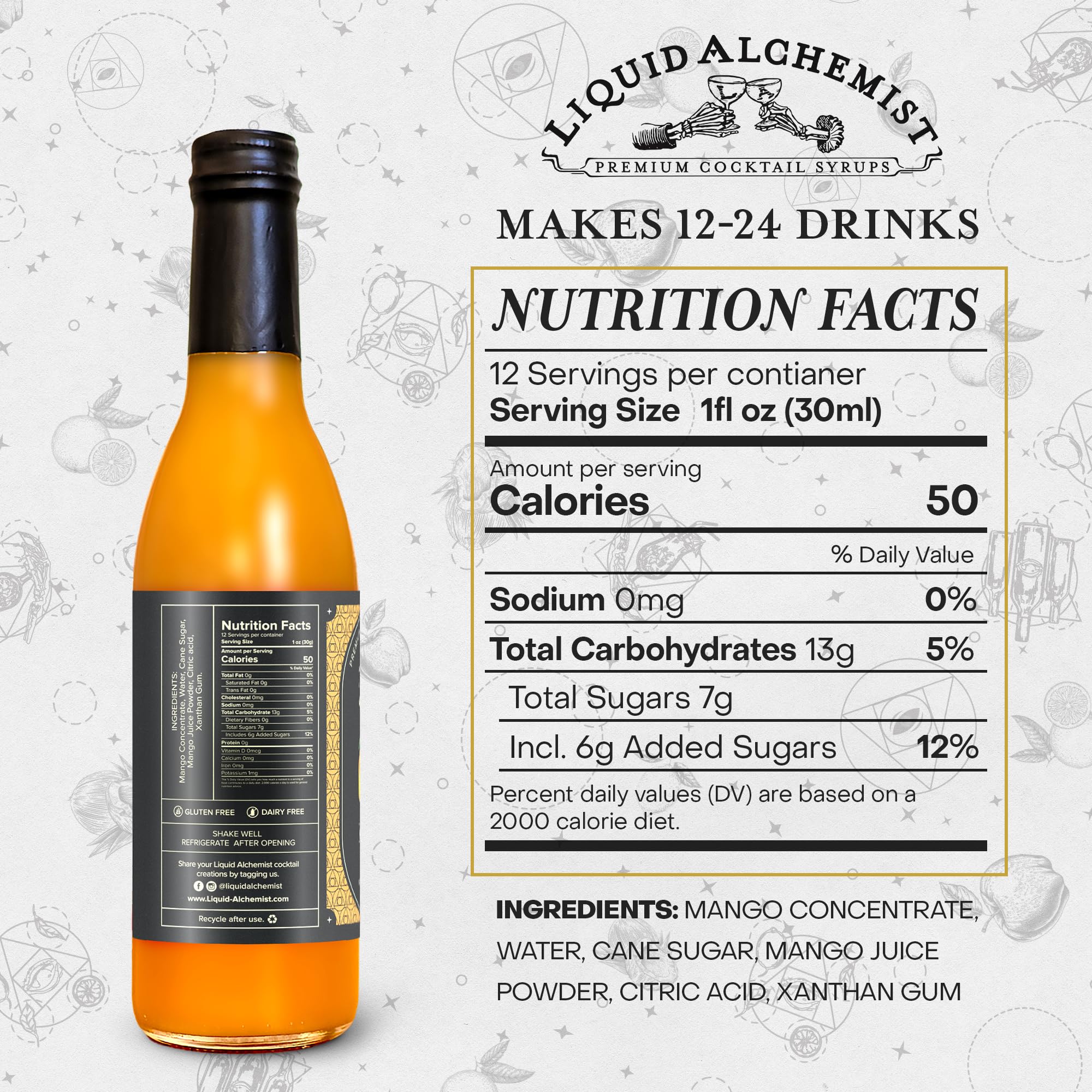 Liquid Alchemist primer plano de la etiqueta destacando ingredientes naturales y beneficios