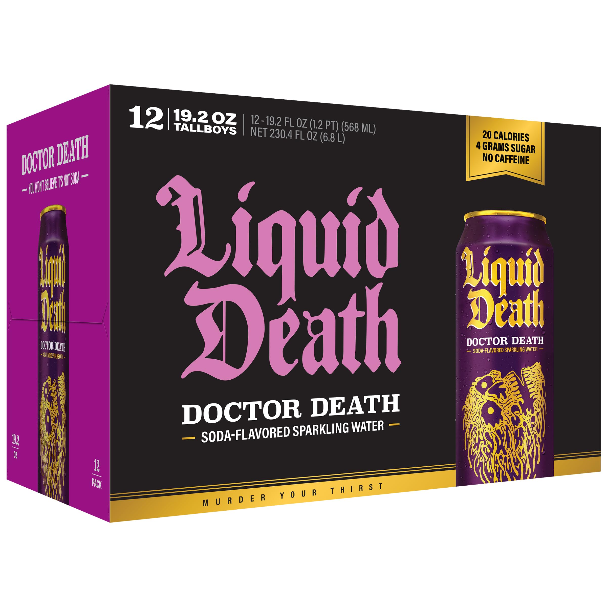 Liquid Death en mesa de reunión mostrando lata reciclable y opción sabrosa