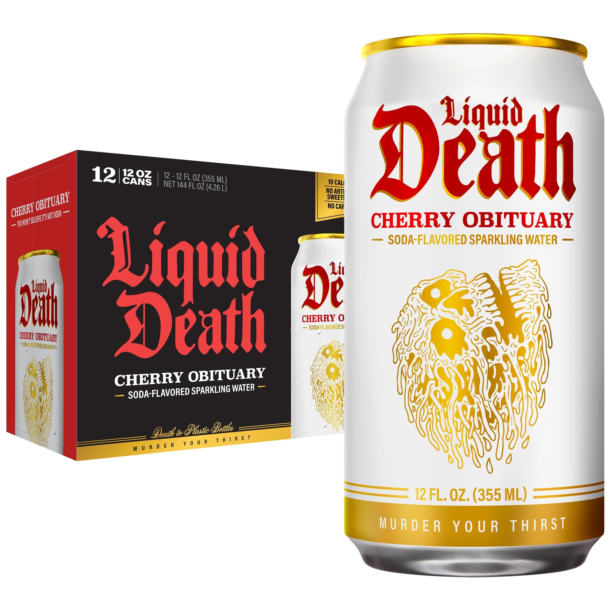 Liquid Death lata frontal con diseño agresivo y sabor cereza, impacto visual